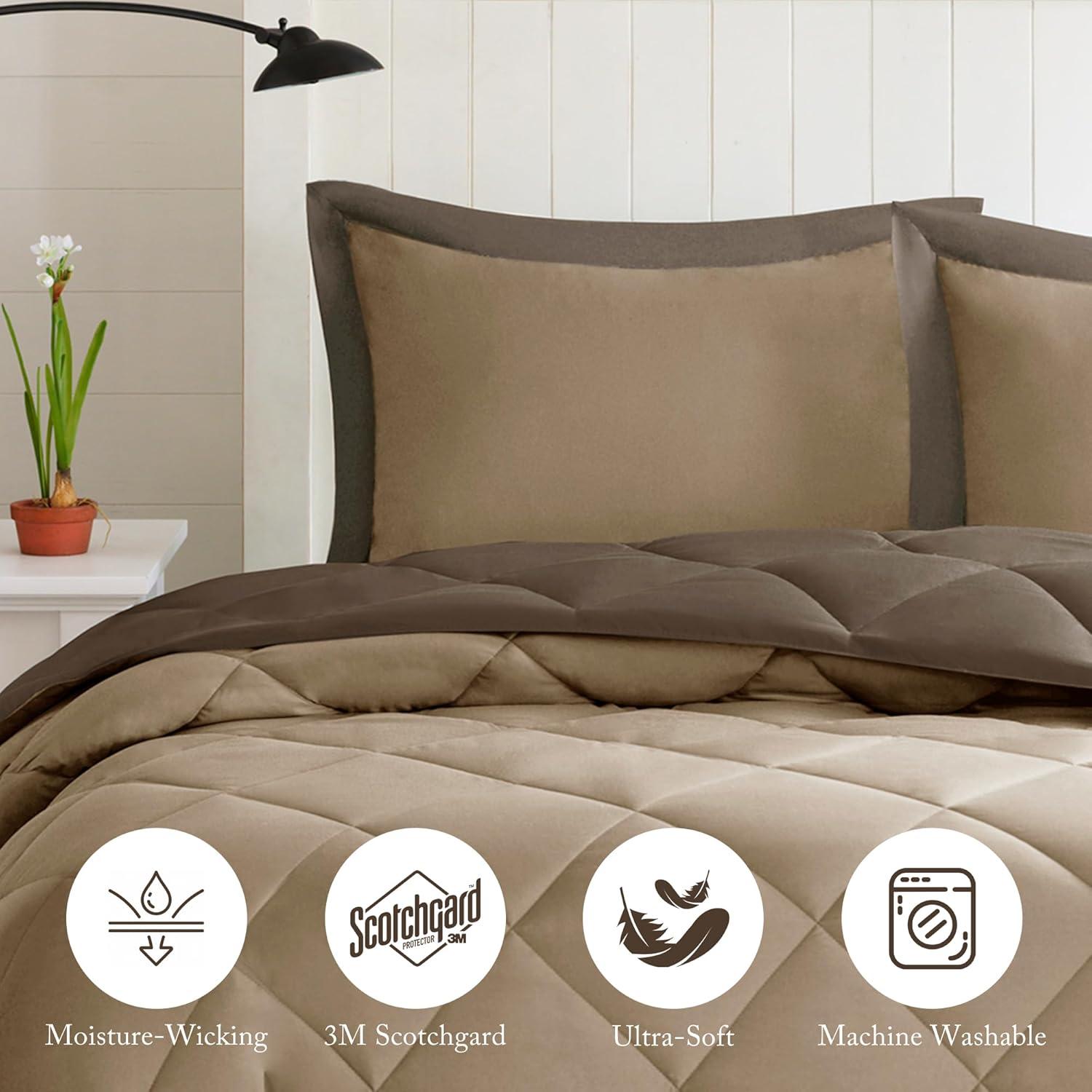 imageMadison Park Comfort Classics Larkspur Reversible Down Alternative 3M Scotchgard Comforter Mini Set FullQueen RedBlackBrownSand