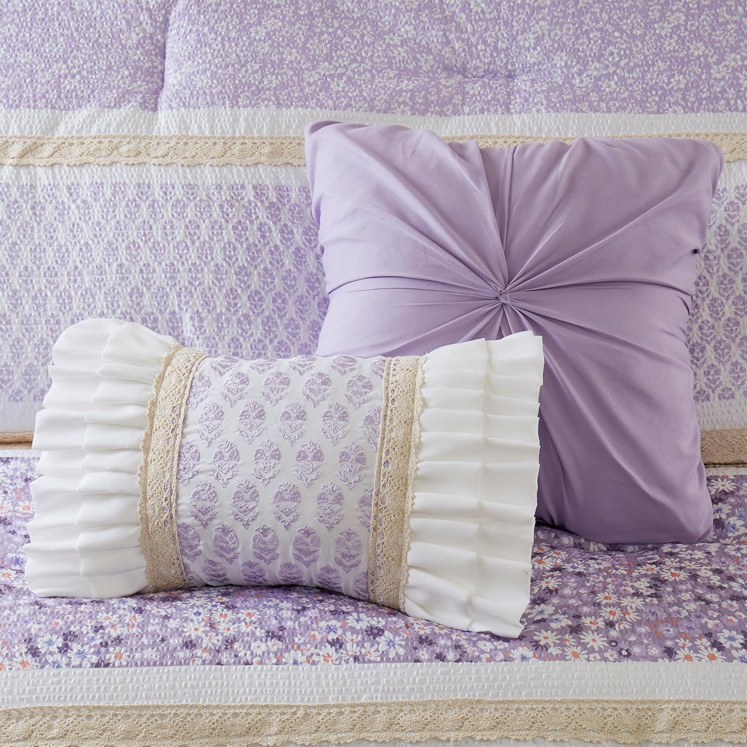 imageMadison Park Comforter Set Seersucker Floral King Size Comforter Sets Microfiber Comforters All Season Lightweight Comforter Throw Pillows Caralie FullQueen Purple 5 PiecePurple