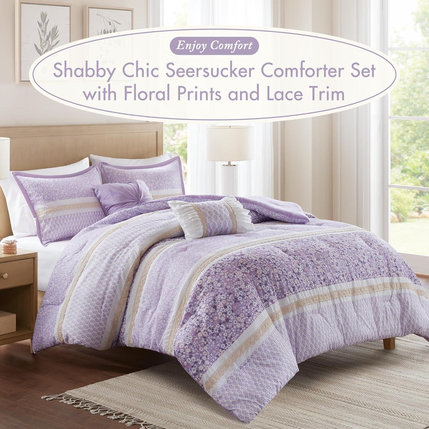 imageMadison Park Comforter Set Seersucker Floral King Size Comforter Sets Microfiber Comforters All Season Lightweight Comforter Throw Pillows Caralie FullQueen Purple 5 PiecePurple