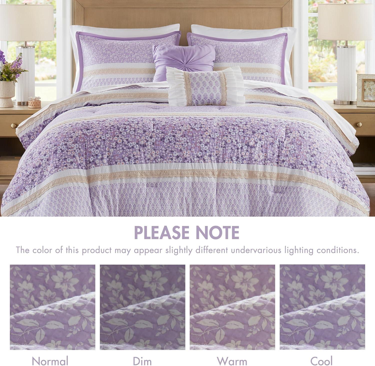 imageMadison Park Comforter Set Seersucker Floral King Size Comforter Sets Microfiber Comforters All Season Lightweight Comforter Throw Pillows Caralie FullQueen Purple 5 PiecePurple