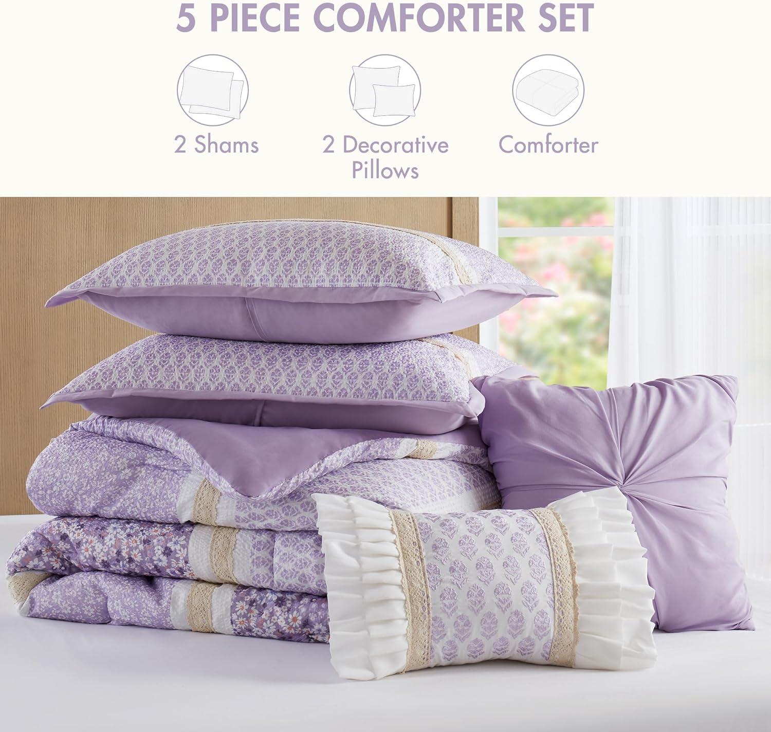 imageMadison Park Comforter Set Seersucker Floral King Size Comforter Sets Microfiber Comforters All Season Lightweight Comforter Throw Pillows Caralie FullQueen Purple 5 PiecePurple