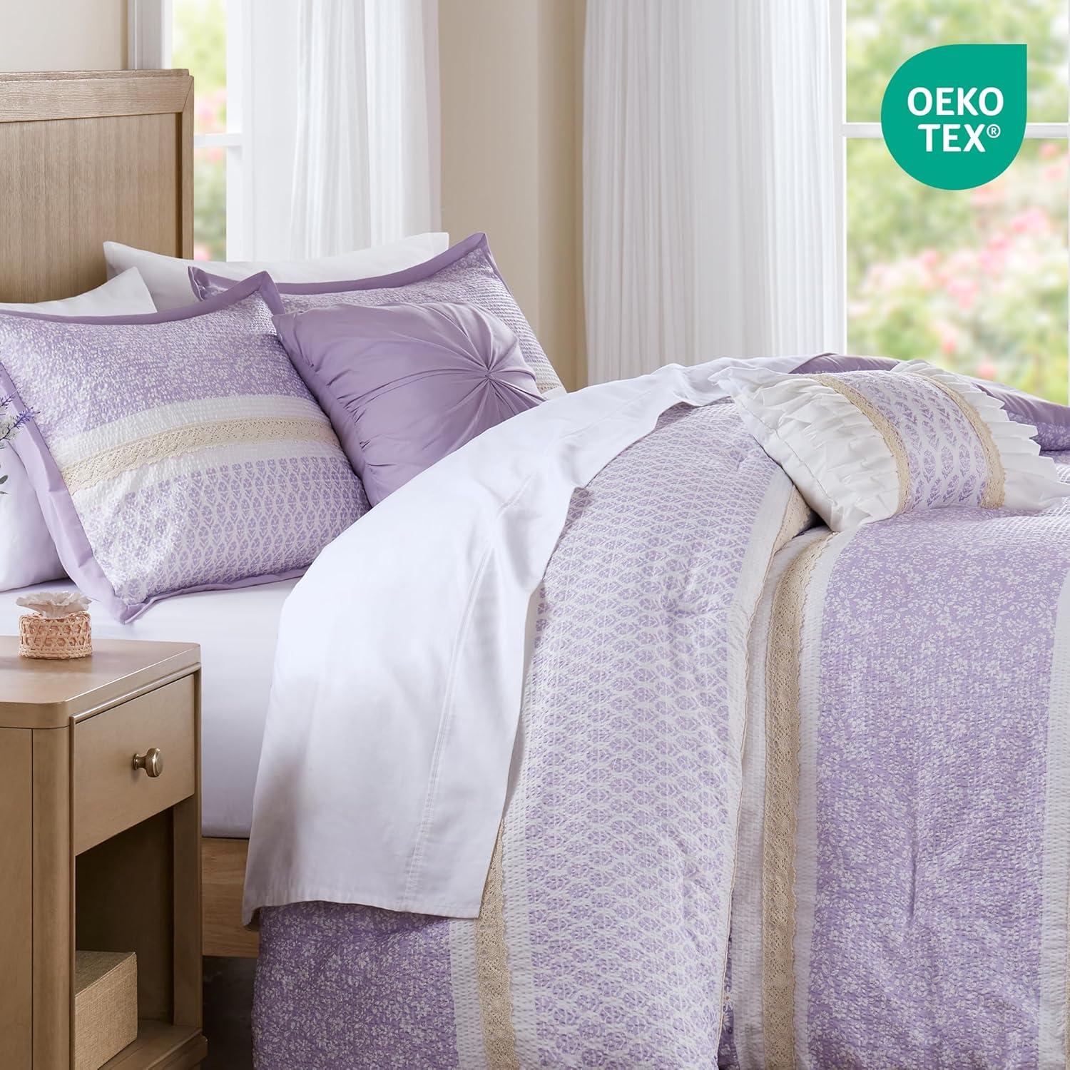 imageMadison Park Comforter Set Seersucker Floral King Size Comforter Sets Microfiber Comforters All Season Lightweight Comforter Throw Pillows Caralie FullQueen Purple 5 PiecePurple