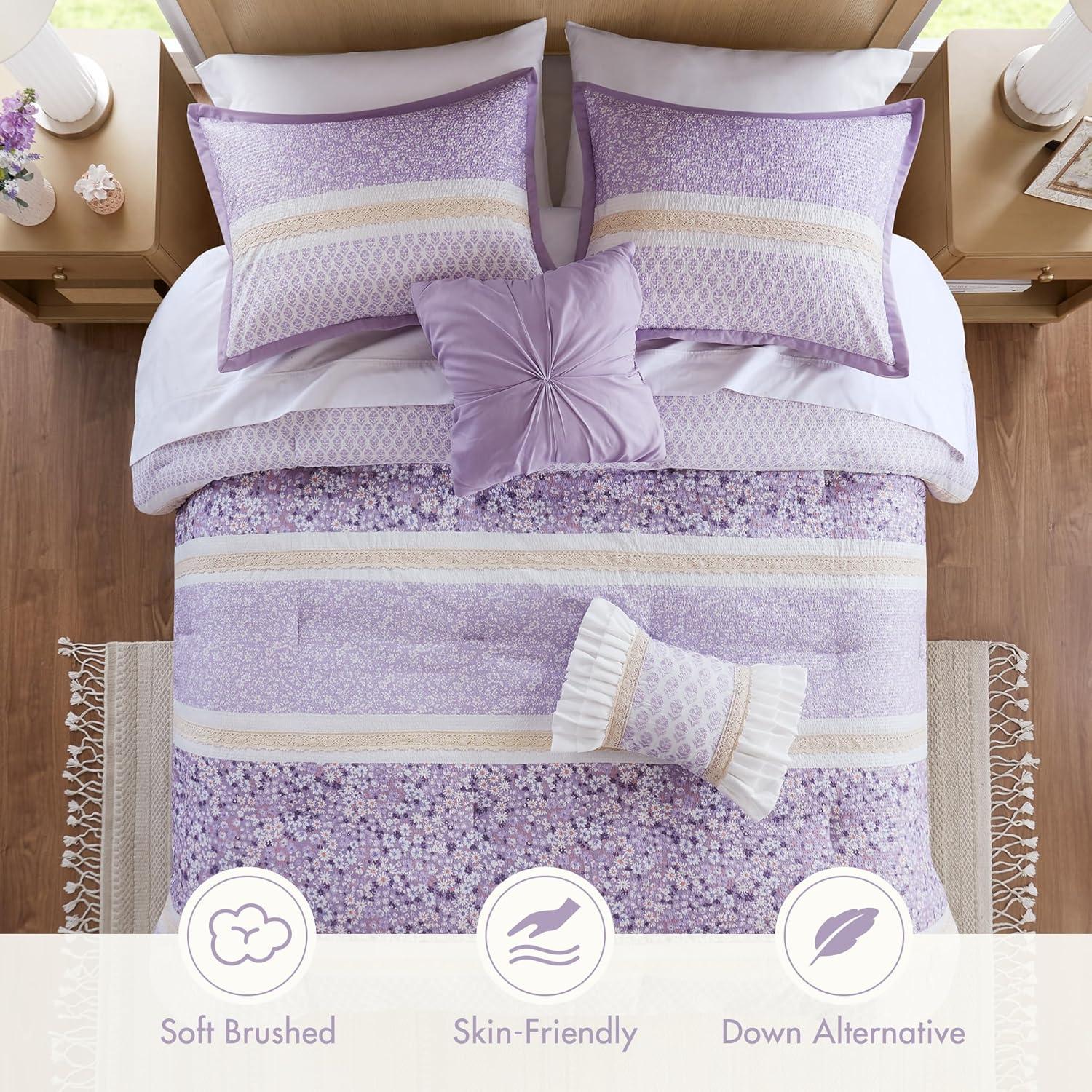 imageMadison Park Comforter Set Seersucker Floral King Size Comforter Sets Microfiber Comforters All Season Lightweight Comforter Throw Pillows Caralie FullQueen Purple 5 PiecePurple