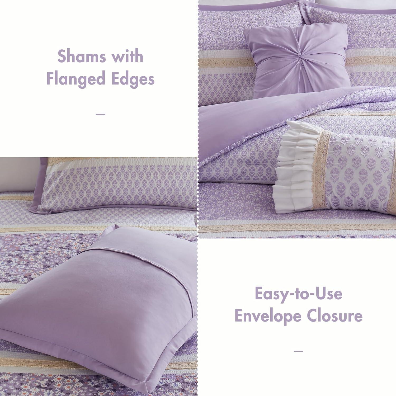 imageMadison Park Comforter Set Seersucker Floral King Size Comforter Sets Microfiber Comforters All Season Lightweight Comforter Throw Pillows Caralie FullQueen Purple 5 PiecePurple