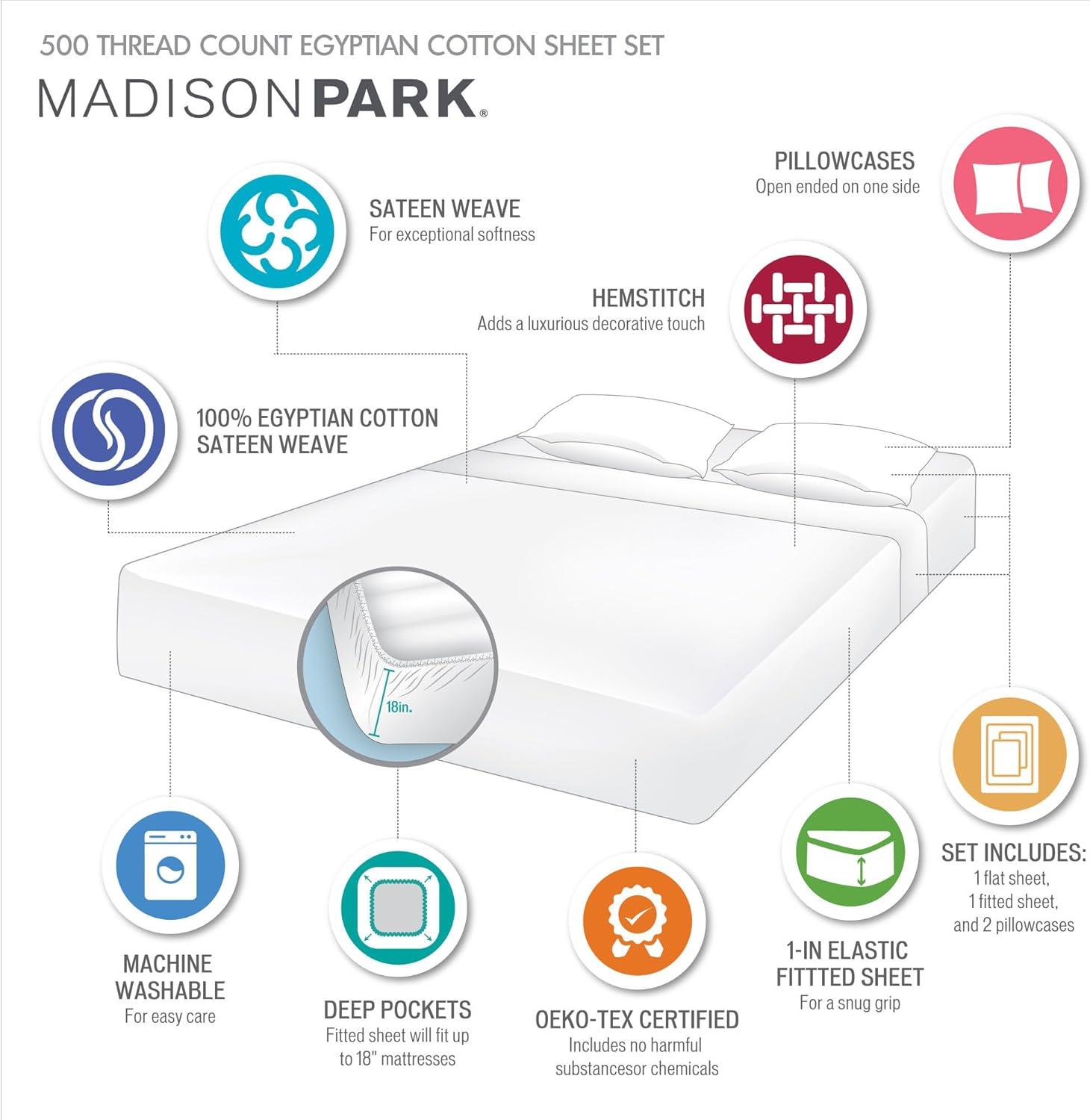 imageMadison Park Cotton Sheet Set Soft ampamp Breathable 500TC Egyptian Cotton Sheets All Seaons Elastic Deep Pockect Sheet Set Lightweighted 100 Egyptian Bed Sheets Queen Grey 4 PieceBlue