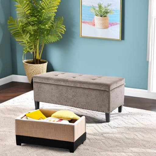 imageMadison Park Entryway Accent Bench for Living Room Flip Top Storage Chest Shandra Tufted Top Upholstered Storage Bench End of Bed for Bedroom Furniture Indoor Seating 49quotWide BlueTaupe