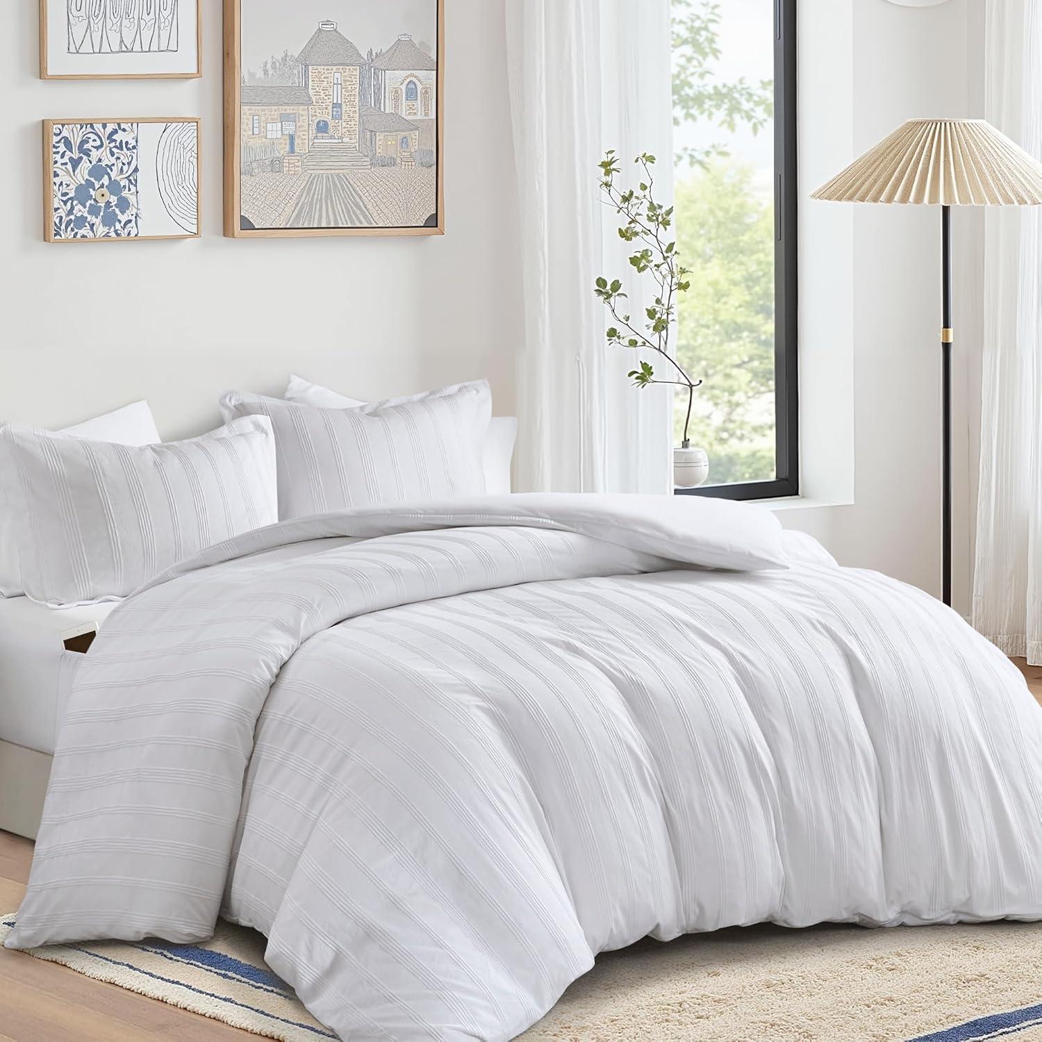 imageMadison Park Essentials Striped Duvet Cover Set Queen Modern Minimalist Bedding Set with Premium Jacquard Stripe 3 Pieces Duvet Cover Reversible with Zipper Closure ampamp Corner TiesWhiteWhite
