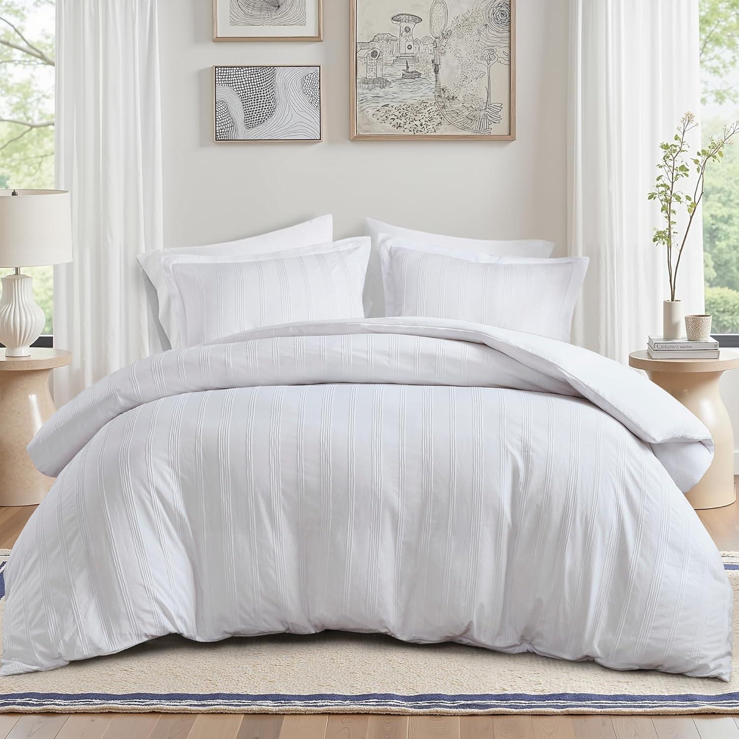 imageMadison Park Essentials Striped Duvet Cover Set Queen Modern Minimalist Bedding Set with Premium Jacquard Stripe 3 Pieces Duvet Cover Reversible with Zipper Closure ampamp Corner TiesWhiteWhite