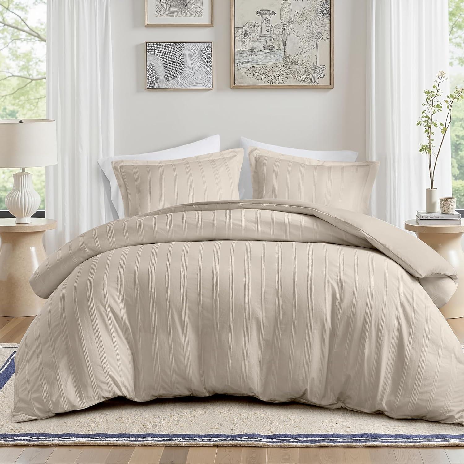 imageMadison Park Essentials Striped Duvet Cover Set Queen Modern Minimalist Bedding Set with Premium Jacquard Stripe 3 Pieces Duvet Cover Reversible with Zipper Closure ampamp Corner TiesWhiteNeutral