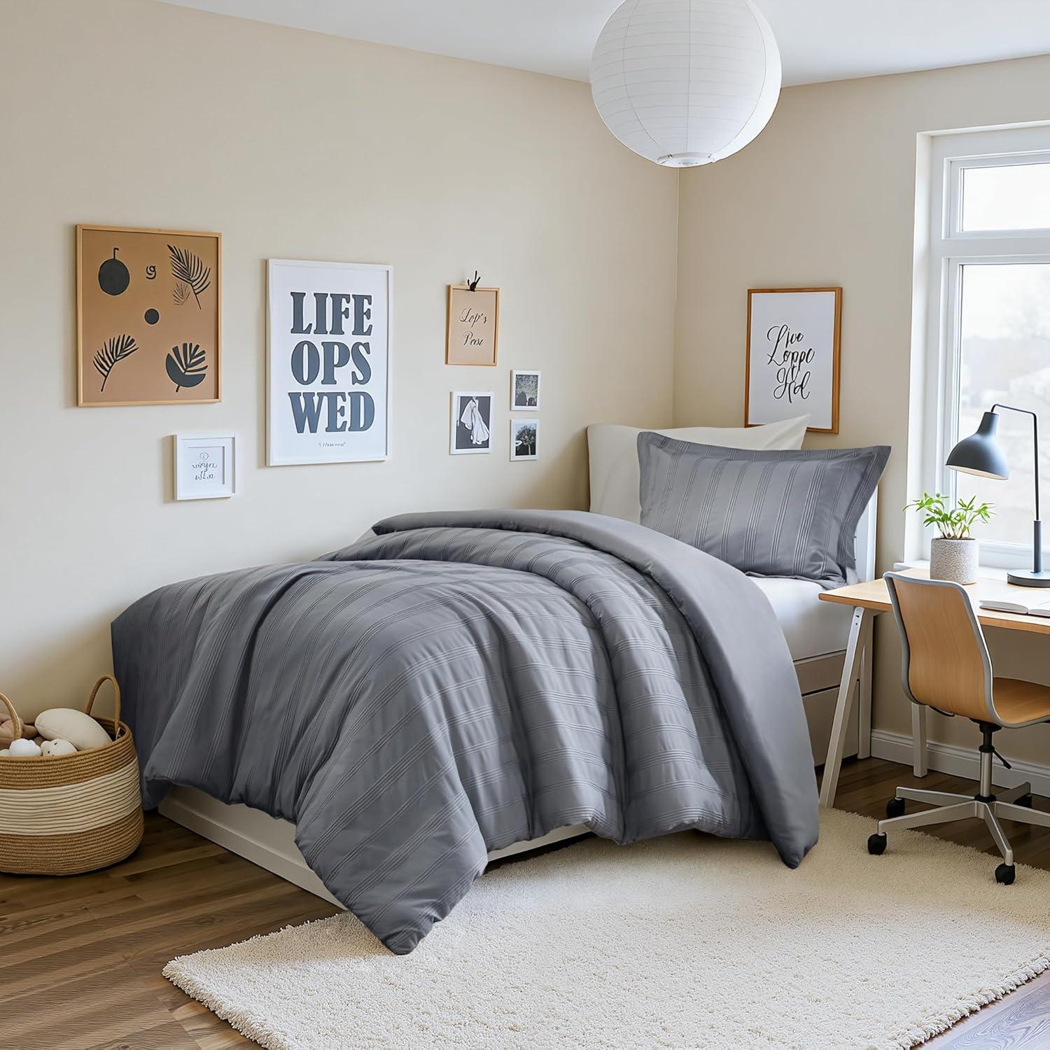imageMadison Park Essentials Striped Duvet Cover Set Queen Modern Minimalist Bedding Set with Premium Jacquard Stripe 3 Pieces Duvet Cover Reversible with Zipper Closure ampamp Corner TiesWhiteBlueGrey