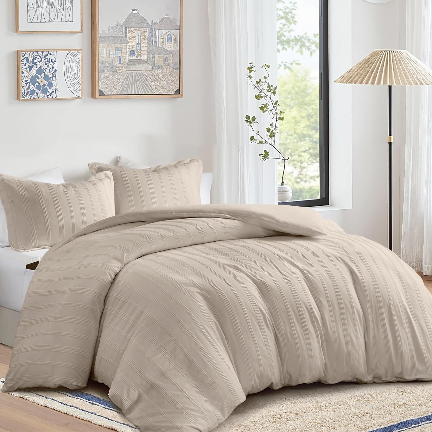 imageMadison Park Essentials Striped Duvet Cover Set Queen Modern Minimalist Bedding Set with Premium Jacquard Stripe 3 Pieces Duvet Cover Reversible with Zipper Closure ampamp Corner TiesWhiteNeutral