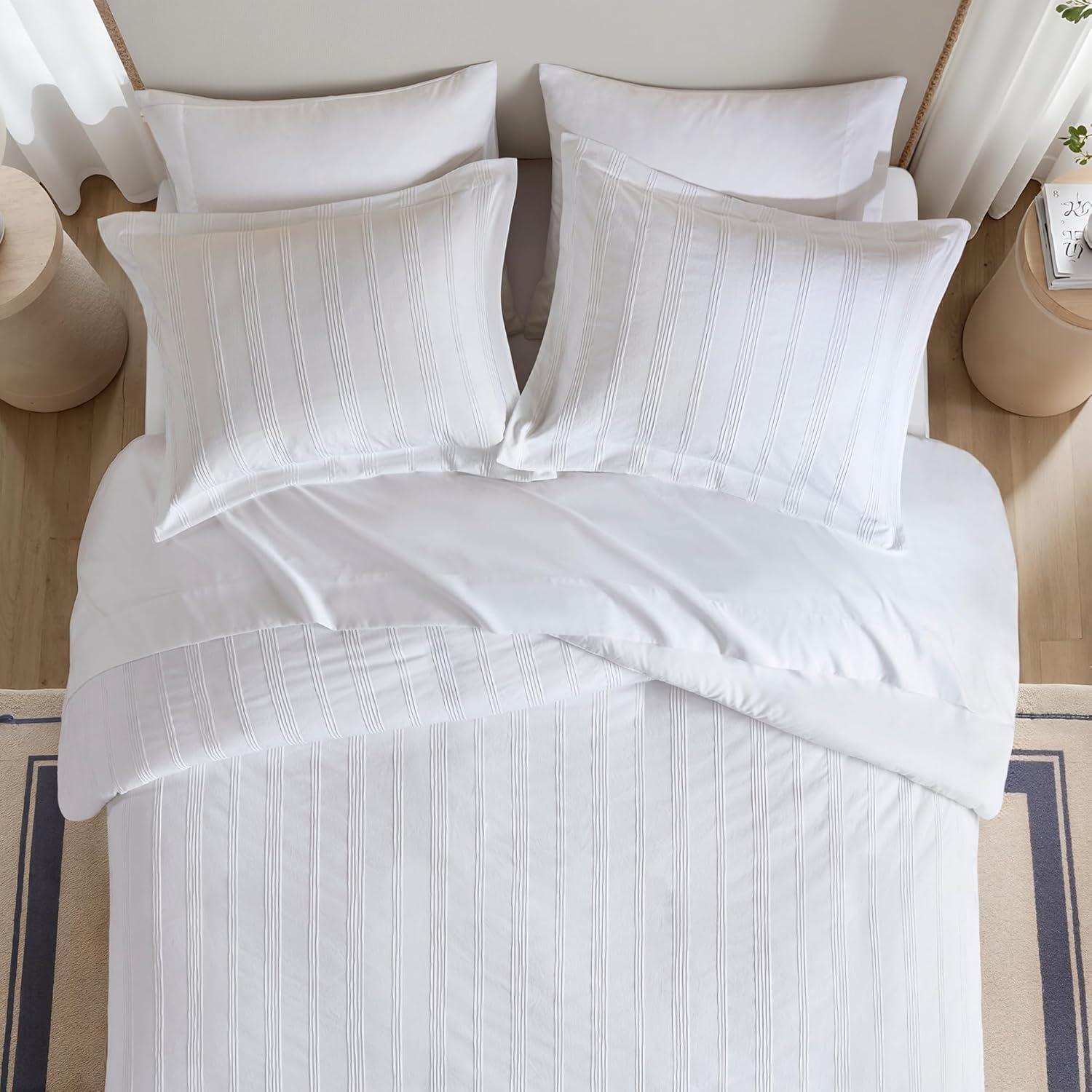 imageMadison Park Essentials Striped Duvet Cover Set Queen Modern Minimalist Bedding Set with Premium Jacquard Stripe 3 Pieces Duvet Cover Reversible with Zipper Closure ampamp Corner TiesWhiteWhite