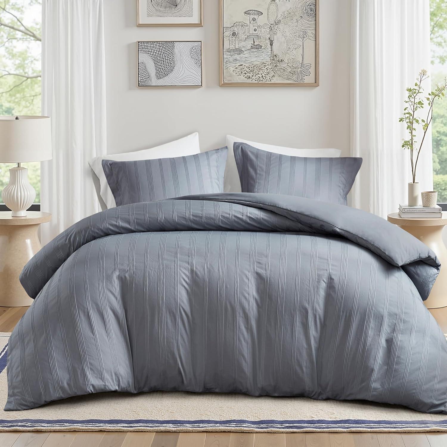 imageMadison Park Essentials Striped Duvet Cover Set Queen Modern Minimalist Bedding Set with Premium Jacquard Stripe 3 Pieces Duvet Cover Reversible with Zipper Closure ampamp Corner TiesWhiteBlueGrey