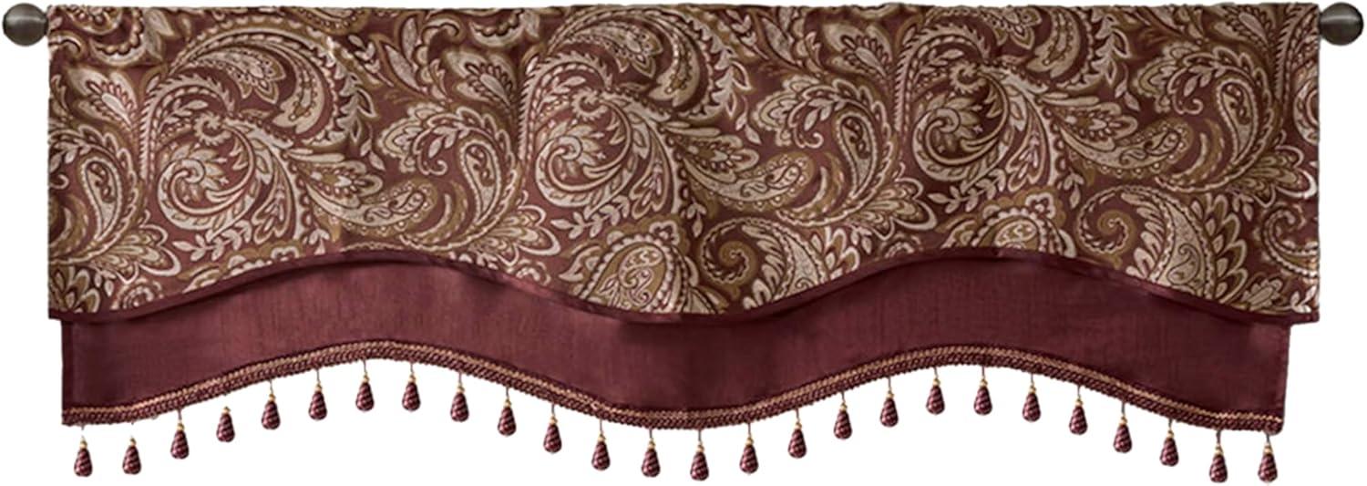 imageMadison Park Faux Silk Paisley Jacquard Rod Pocket Curtain with Privacy Lining for Living Room Kitchen Bedroom and Dorm 50 in x 18 in Black Bead TrimBurgundy Bead Trim Valance