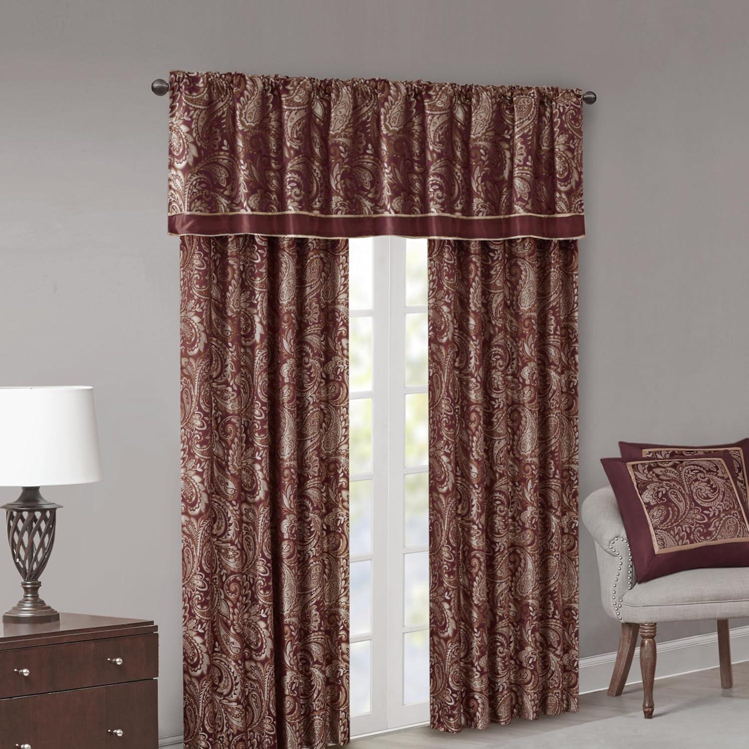 imageMadison Park Faux Silk Paisley Jacquard Rod Pocket Curtain with Privacy Lining for Living Room Kitchen Bedroom and Dorm 50 in x 18 in Black Bead TrimBurgundy Panel Pair