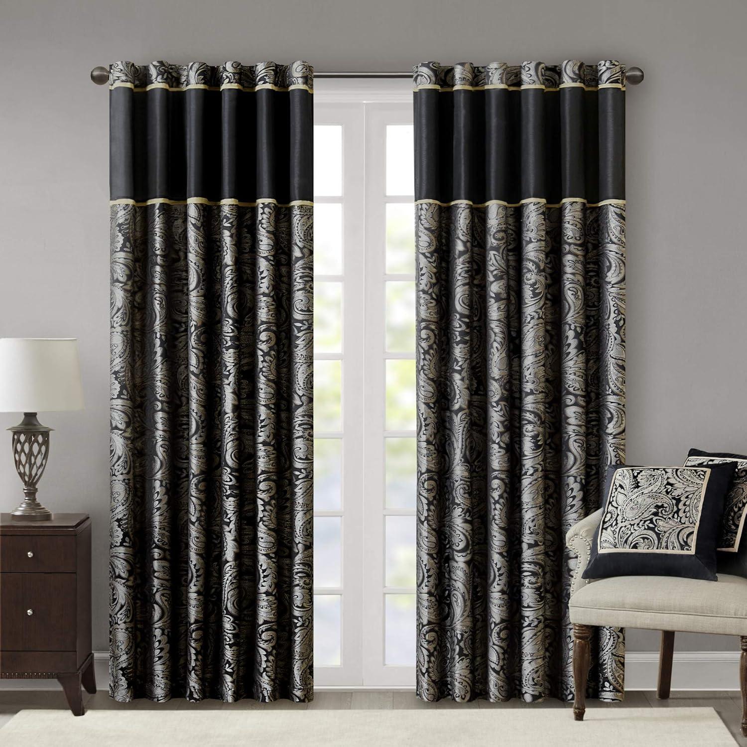 imageMadison Park Faux Silk Paisley Jacquard Rod Pocket Curtain with Privacy Lining for Living Room Kitchen Bedroom and Dorm 50 in x 18 in Black Bead TrimBlack Panel Pair