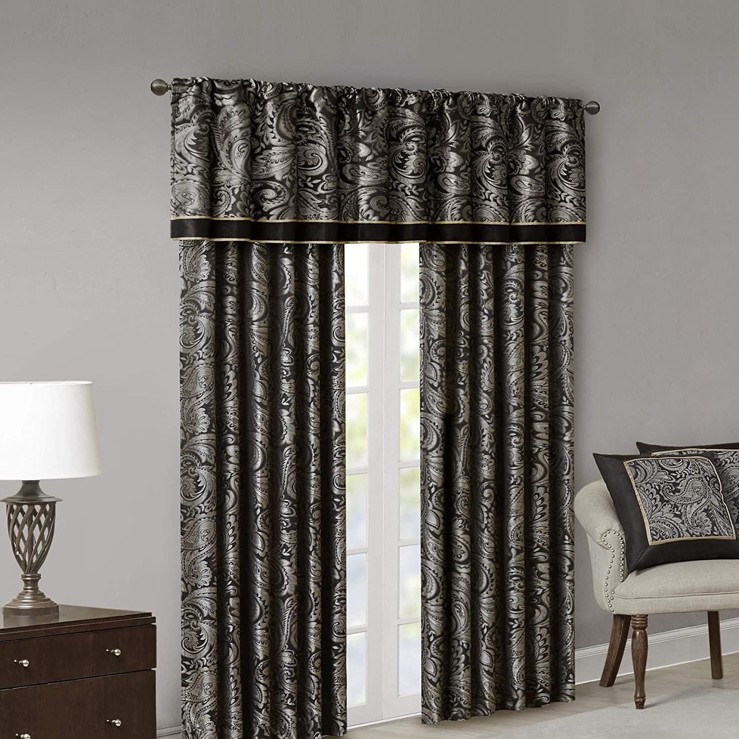 imageMadison Park Faux Silk Paisley Jacquard Rod Pocket Curtain with Privacy Lining for Living Room Kitchen Bedroom and Dorm 50 in x 18 in Black Bead TrimBlack Panel Pair