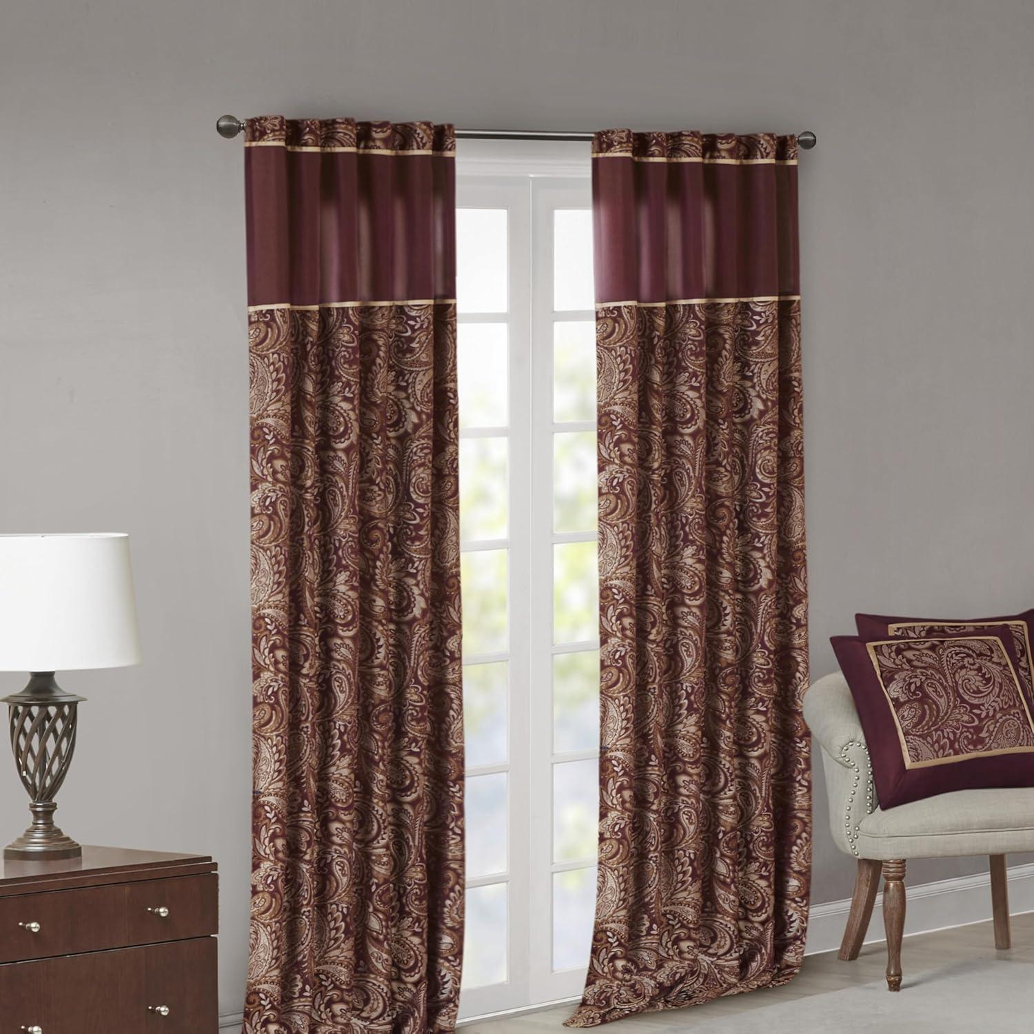 imageMadison Park Faux Silk Paisley Jacquard Rod Pocket Curtain with Privacy Lining for Living Room Kitchen Bedroom and Dorm 50 in x 18 in Black Bead TrimBurgundy Panel Pair