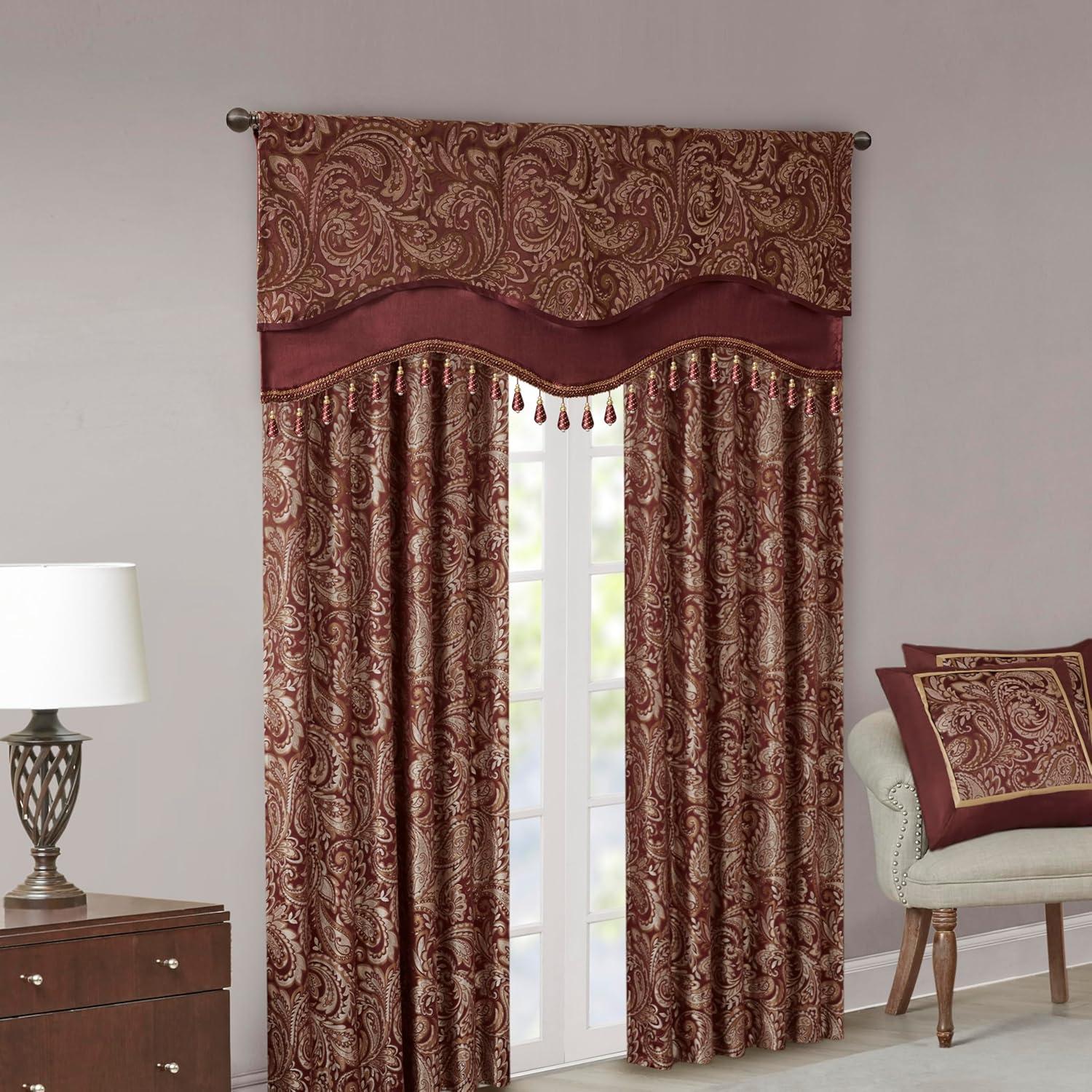 imageMadison Park Faux Silk Paisley Jacquard Rod Pocket Curtain with Privacy Lining for Living Room Kitchen Bedroom and Dorm 50 in x 18 in Black Bead TrimBurgundy Bead Trim Valance