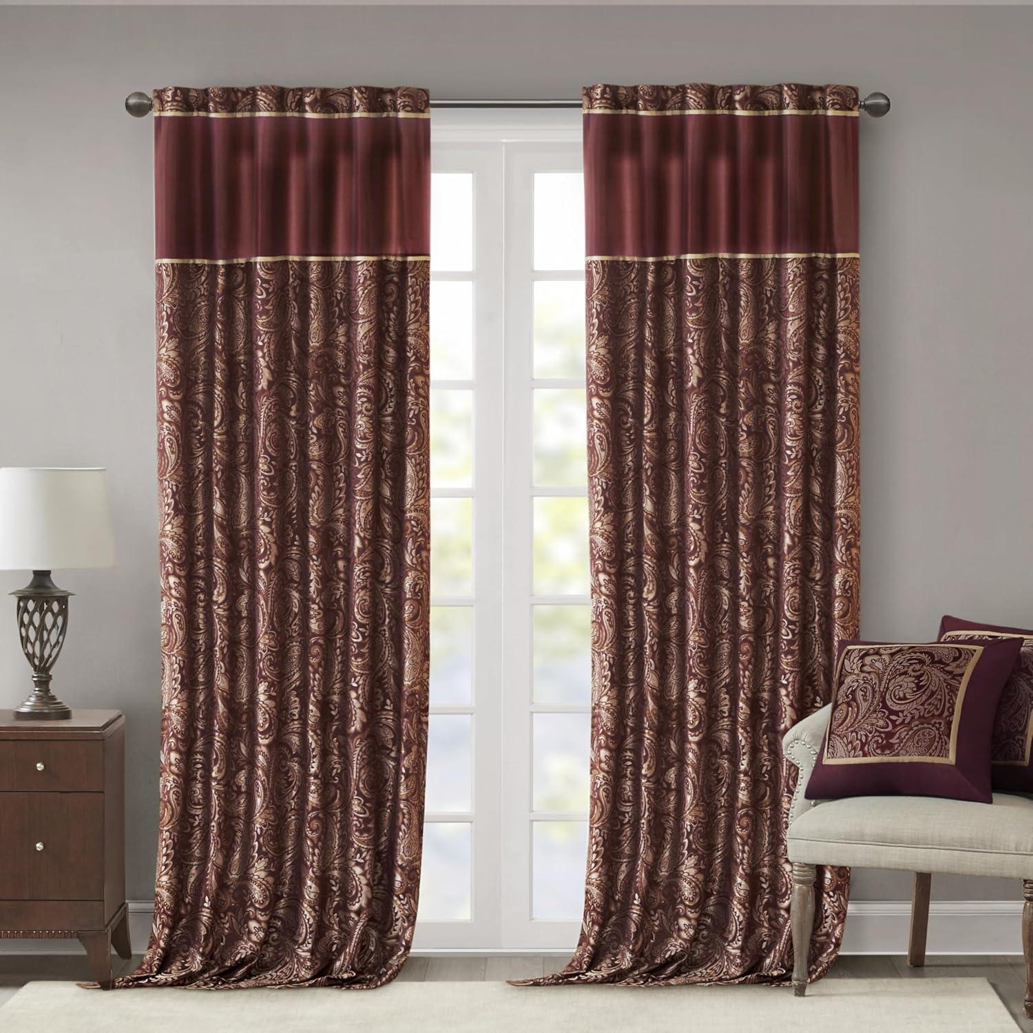 imageMadison Park Faux Silk Paisley Jacquard Rod Pocket Curtain with Privacy Lining for Living Room Kitchen Bedroom and Dorm 50 in x 18 in Black Bead TrimBurgundy Panel Pair