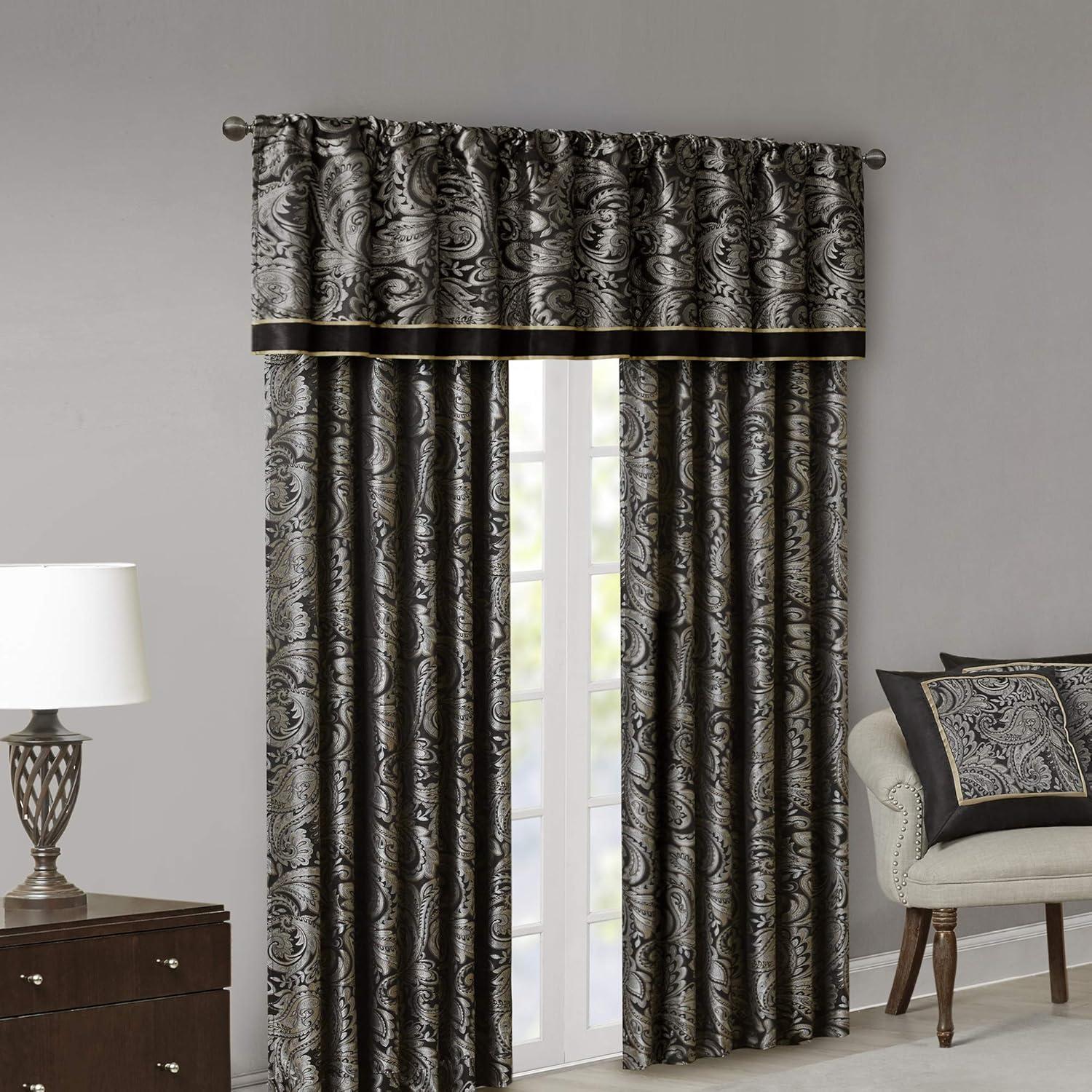 imageMadison Park Faux Silk Paisley Jacquard Rod Pocket Curtain with Privacy Lining for Living Room Kitchen Bedroom and Dorm 50 in x 18 in Black Bead TrimBlack Panel Pair