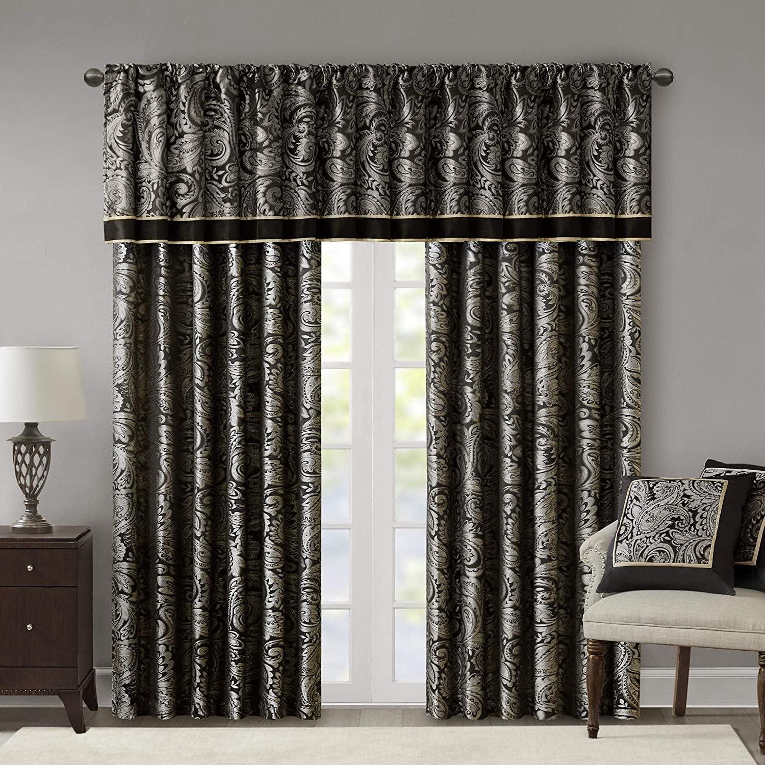 imageMadison Park Faux Silk Paisley Jacquard Rod Pocket Curtain with Privacy Lining for Living Room Kitchen Bedroom and Dorm 50 in x 18 in Black Bead TrimBlack Panel Pair