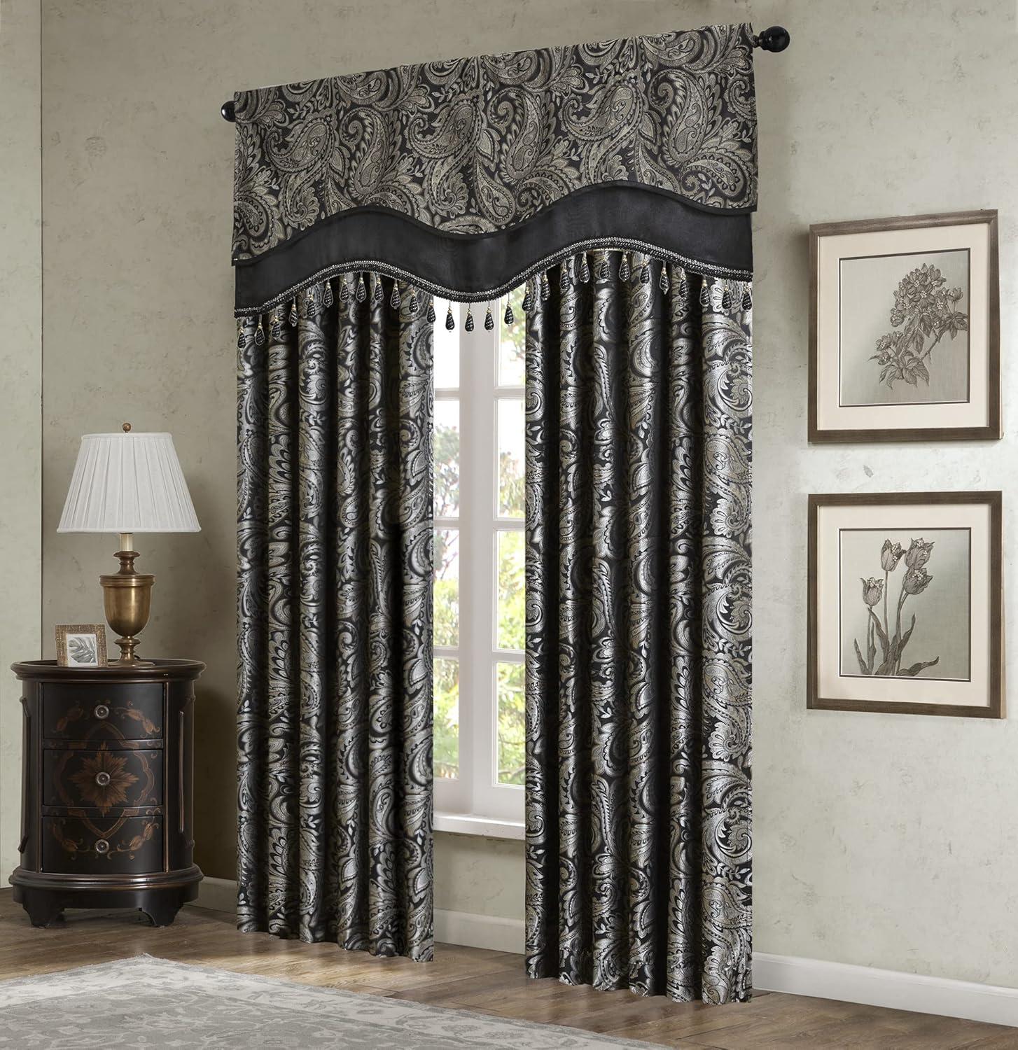 imageMadison Park Faux Silk Paisley Jacquard Rod Pocket Curtain with Privacy Lining for Living Room Kitchen Bedroom and Dorm 50 in x 18 in Black Bead TrimBlack Bead Trim Valance