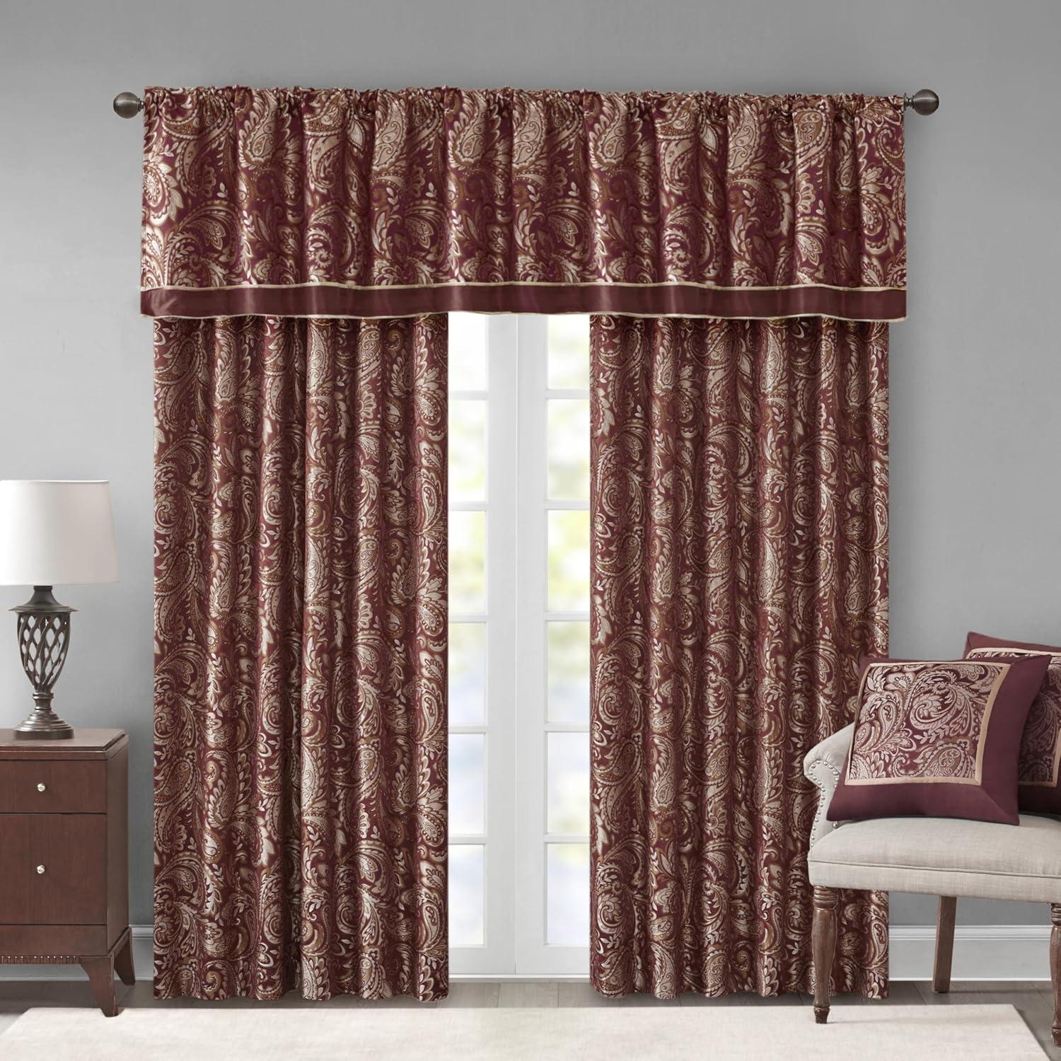 imageMadison Park Faux Silk Paisley Jacquard Rod Pocket Curtain with Privacy Lining for Living Room Kitchen Bedroom and Dorm 50 in x 18 in Black Bead TrimBurgundy Panel Pair