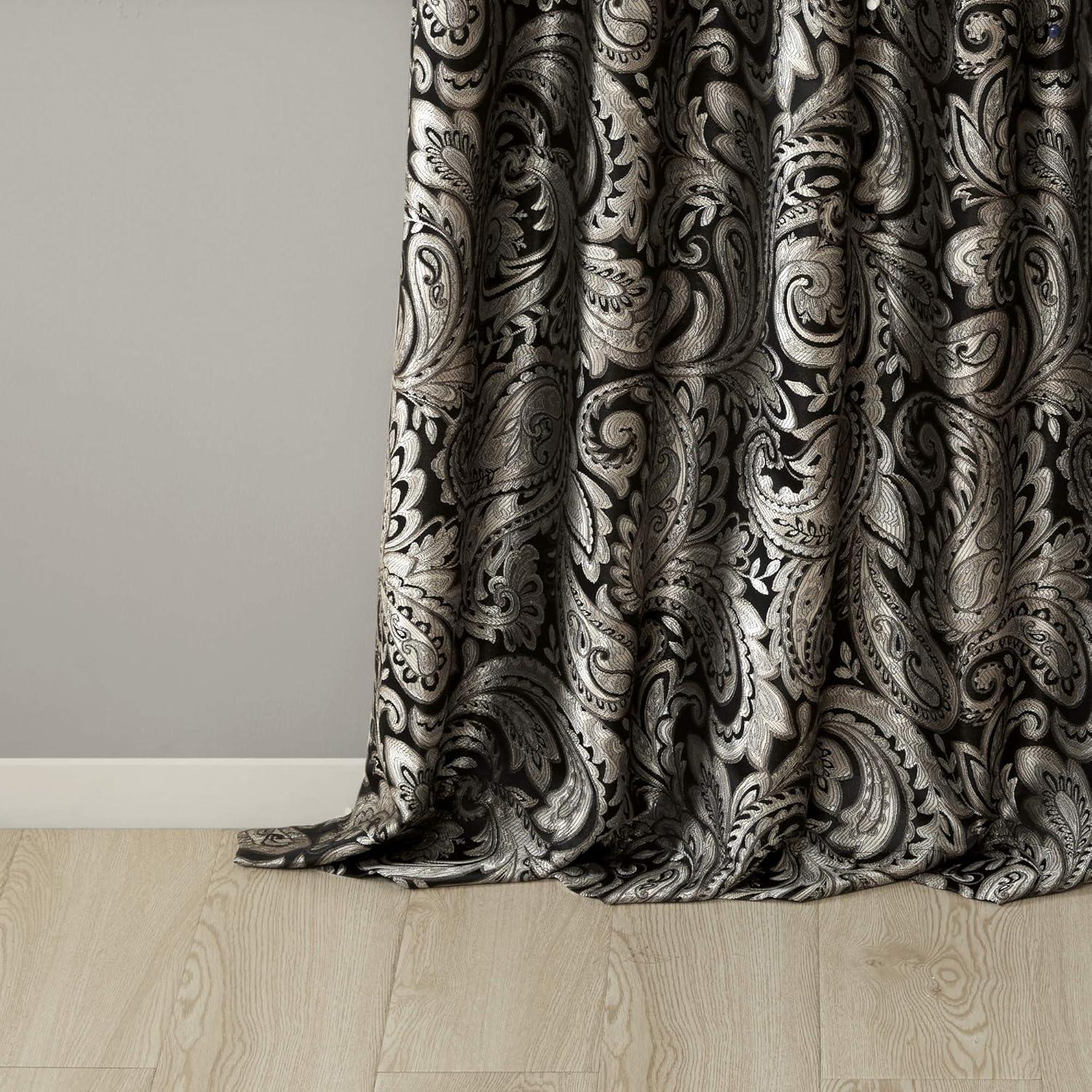 imageMadison Park Faux Silk Paisley Jacquard Rod Pocket Curtain with Privacy Lining for Living Room Kitchen Bedroom and Dorm 50 in x 18 in Black Bead TrimBlack Panel Pair