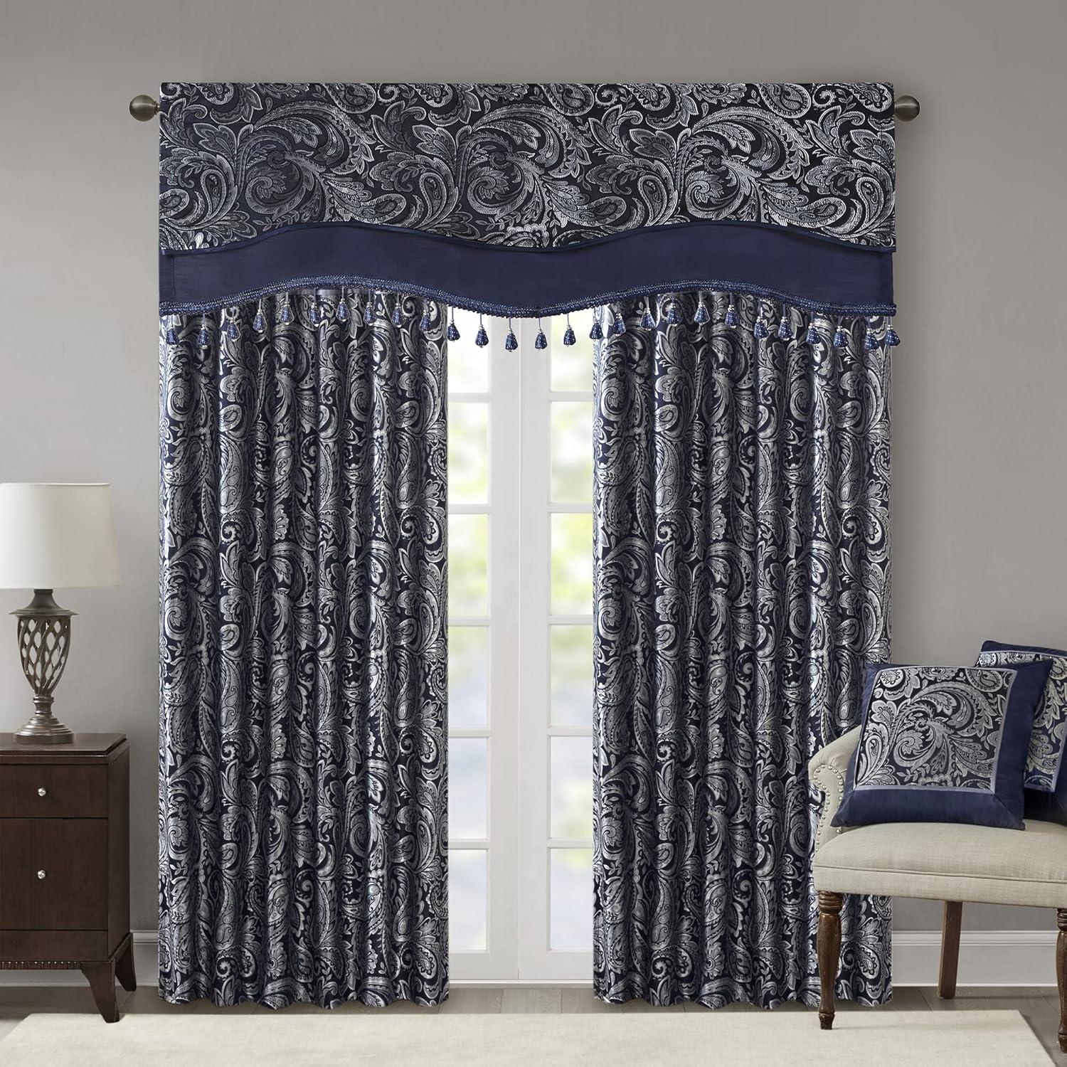 imageMadison Park Faux Silk Paisley Jacquard Rod Pocket Curtain with Privacy Lining for Living Room Kitchen Bedroom and Dorm 50 in x 18 in Black Bead TrimNavy Bead Trim Valance