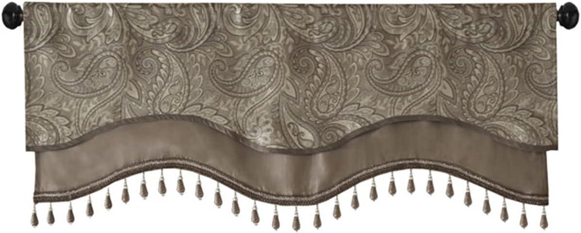 imageMadison Park Faux Silk Paisley Jacquard Rod Pocket Curtain with Privacy Lining for Living Room Kitchen Bedroom and Dorm 50 in x 18 in Black Bead TrimTaupe Bead Trim Valance