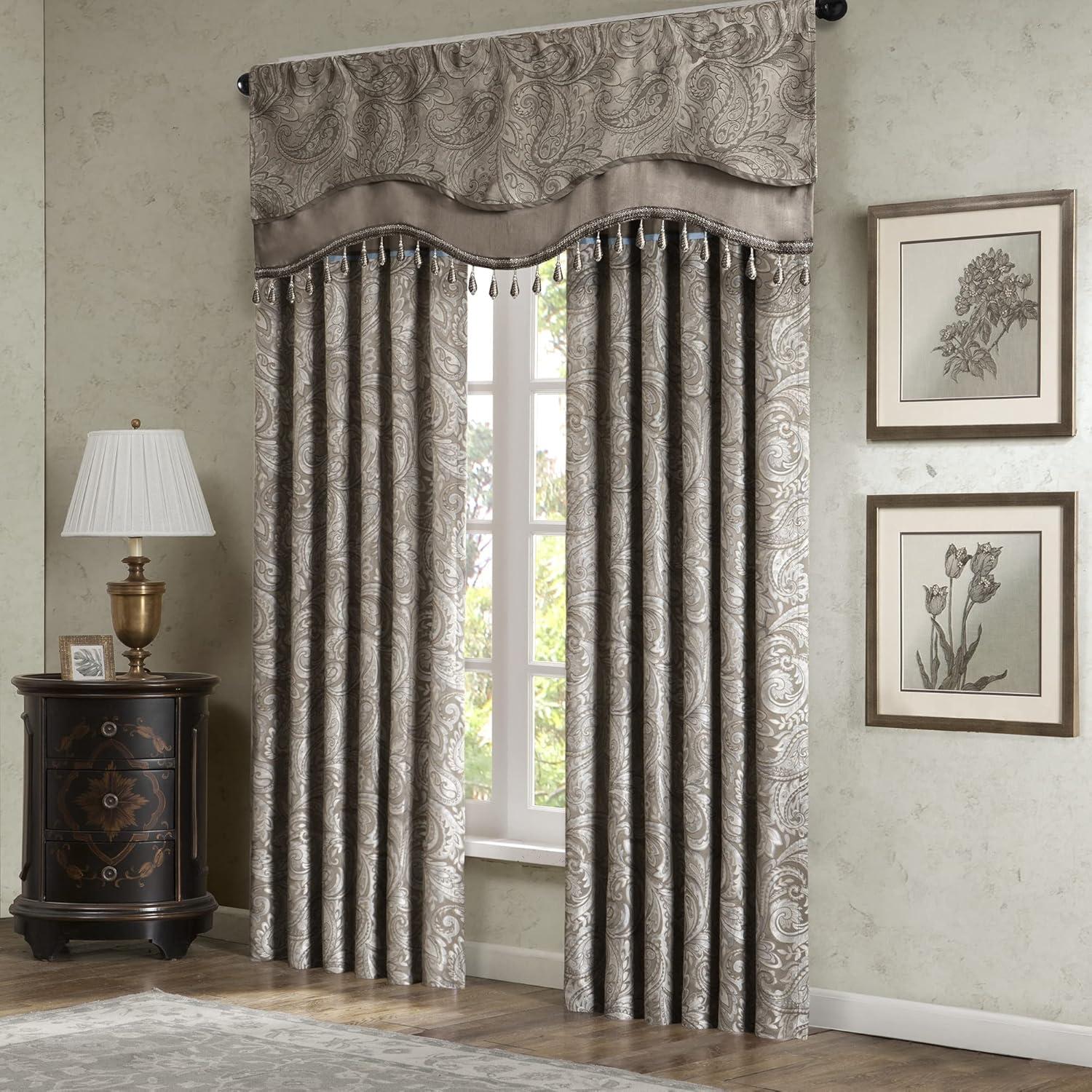 imageMadison Park Faux Silk Paisley Jacquard Rod Pocket Curtain with Privacy Lining for Living Room Kitchen Bedroom and Dorm 50 in x 18 in Black Bead TrimTaupe Bead Trim Valance