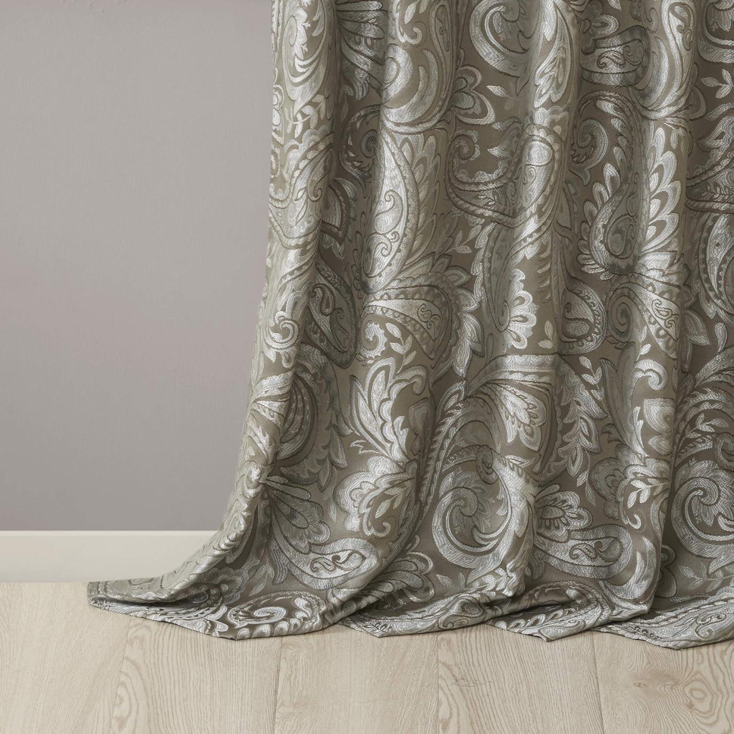 imageMadison Park Faux Silk Paisley Jacquard Rod Pocket Curtain with Privacy Lining for Living Room Kitchen Bedroom and Dorm 50 in x 18 in Black Bead TrimTaupe Panel Pair