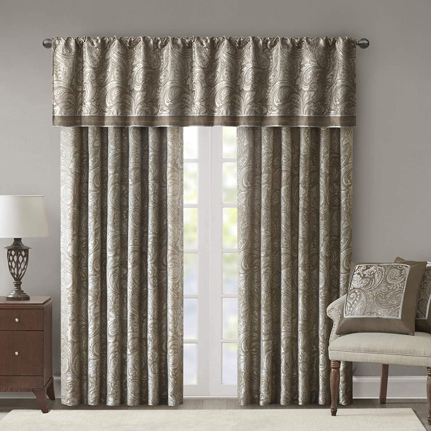 imageMadison Park Faux Silk Paisley Jacquard Rod Pocket Curtain with Privacy Lining for Living Room Kitchen Bedroom and Dorm 50 in x 18 in Black Bead TrimTaupe Panel Pair