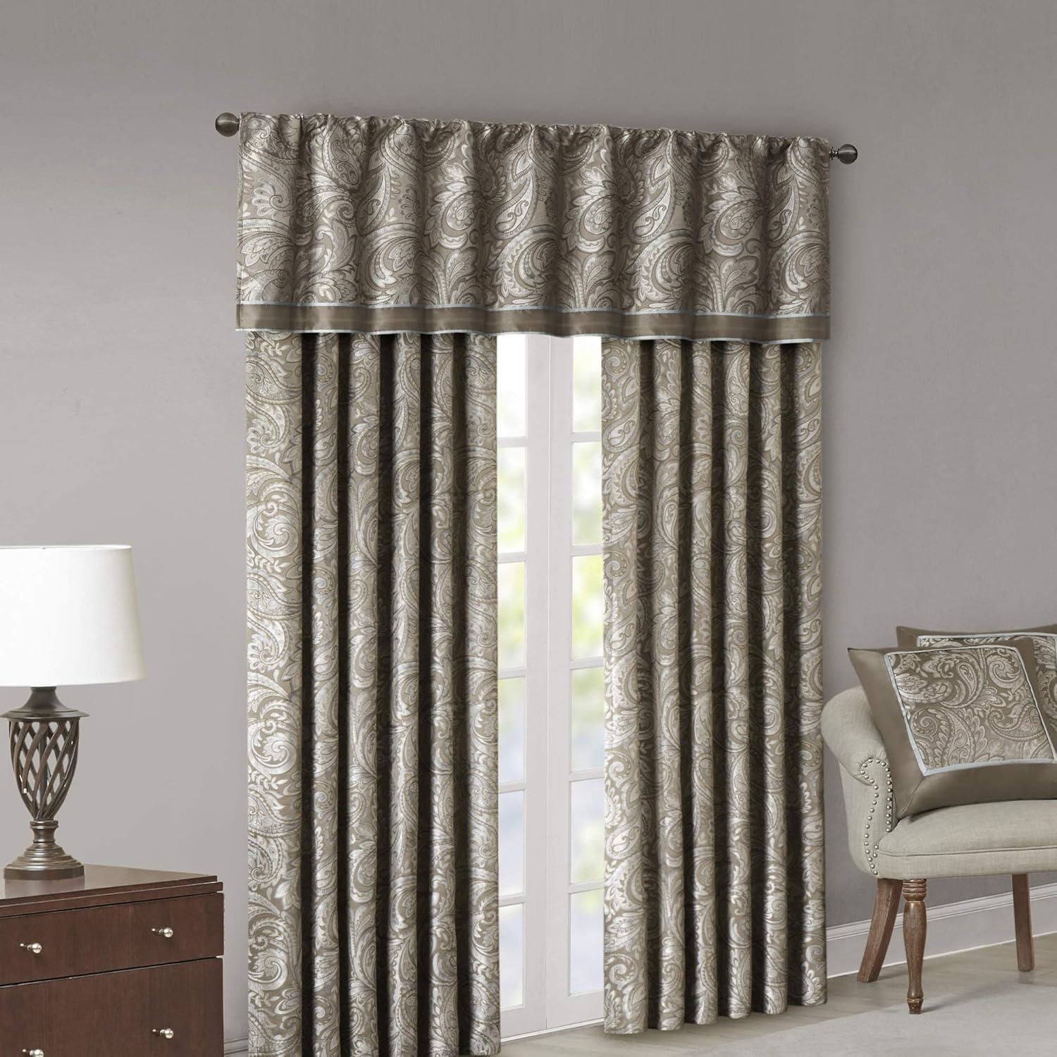imageMadison Park Faux Silk Paisley Jacquard Rod Pocket Curtain with Privacy Lining for Living Room Kitchen Bedroom and Dorm 50 in x 18 in Black Bead TrimTaupe Valance