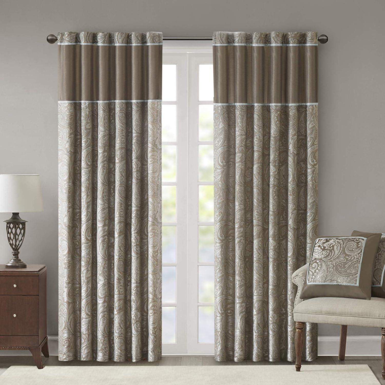 imageMadison Park Faux Silk Paisley Jacquard Rod Pocket Curtain with Privacy Lining for Living Room Kitchen Bedroom and Dorm 50 in x 18 in Black Bead TrimTaupe Panel Pair
