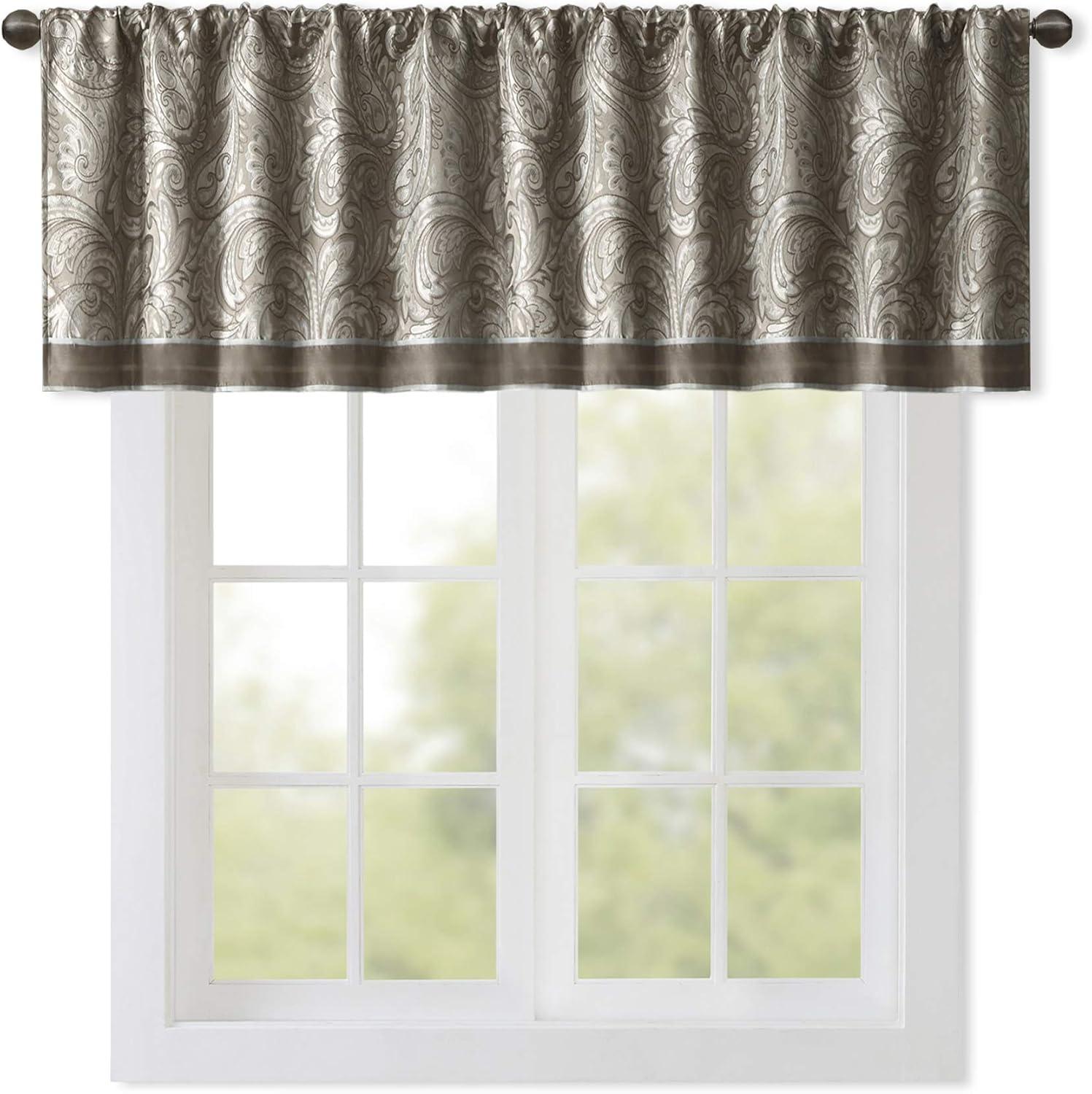 imageMadison Park Faux Silk Paisley Jacquard Rod Pocket Curtain with Privacy Lining for Living Room Kitchen Bedroom and Dorm 50 in x 18 in Black Bead TrimTaupe Valance