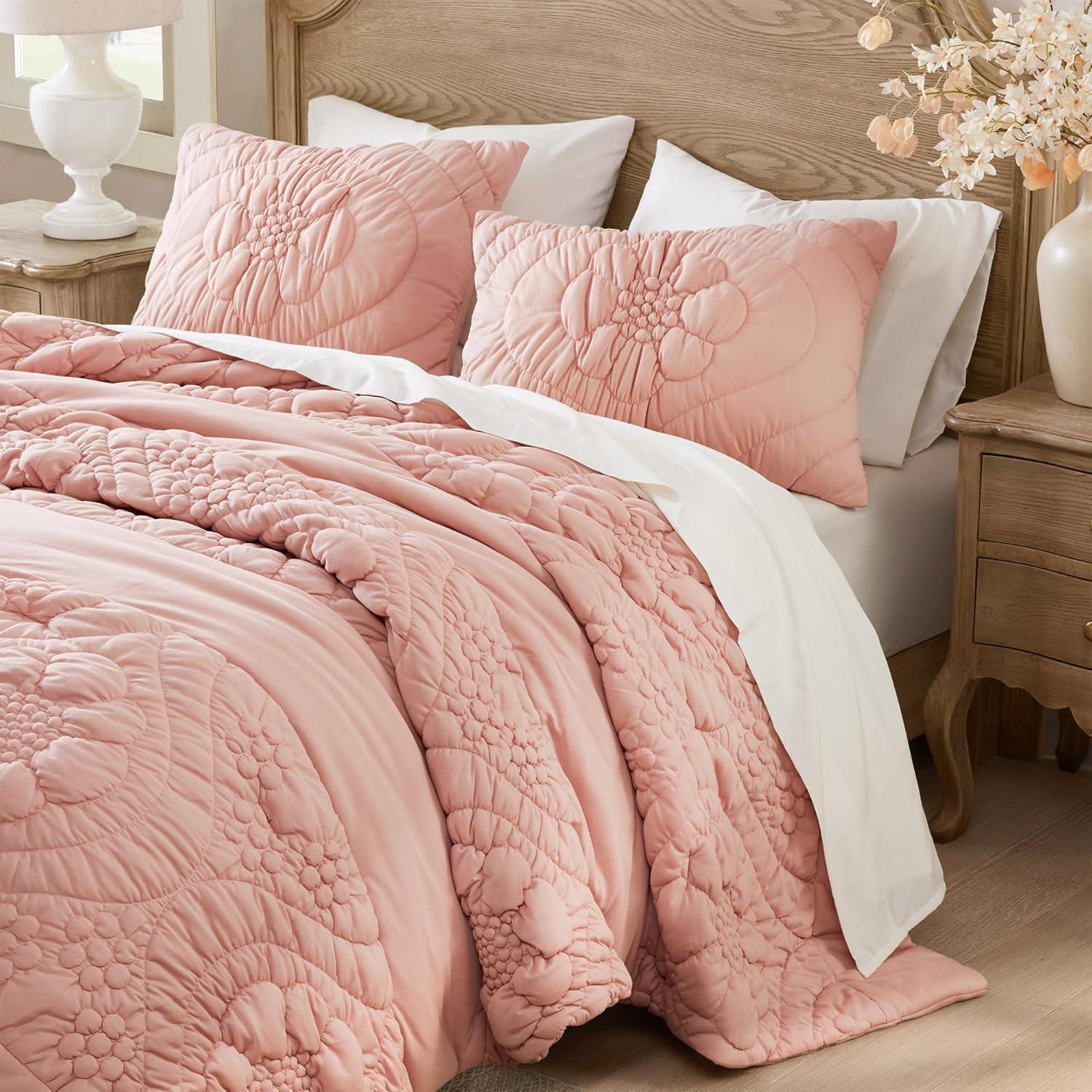 imageMadison Park Floral Jersey Comforter Set Puffy Cloud Queen Size Comforters Crinkled Farmhouse Rustic Shabby Chic Bedding Set UltraSoft All Season Down Alternative Sage Green 3PiecePink