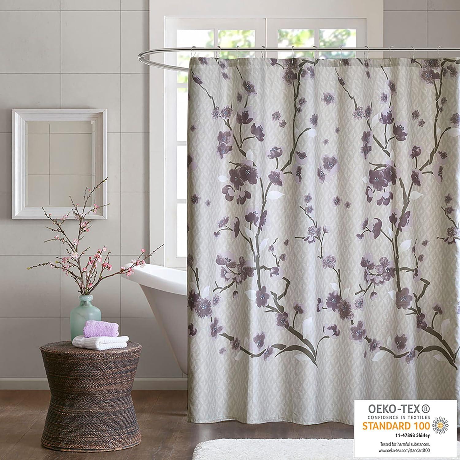 imageMadison Park Holly Modern Cotton Fabric Long Shower Curtain Floral Shower Curtains for Bathroom 72 X 72 GreyPurple Taupe72W x 72L Pack of 1