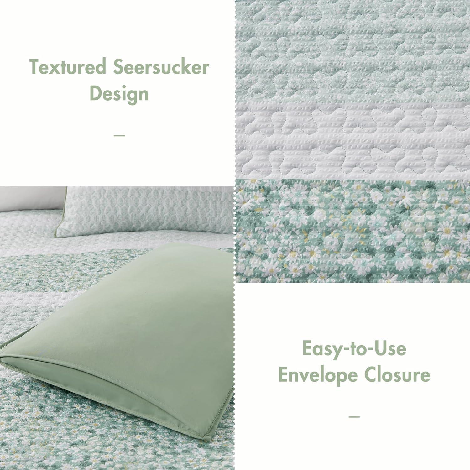 imageMadison Park Quilt Set Seersucker Floral Coverlet for Queen Size Bed All Season Lightweight Bedding Farmhouse Quilt Set Vermicelli Quilting Throw Pillow Caralie FullQueen Purple 4 PieceGreen