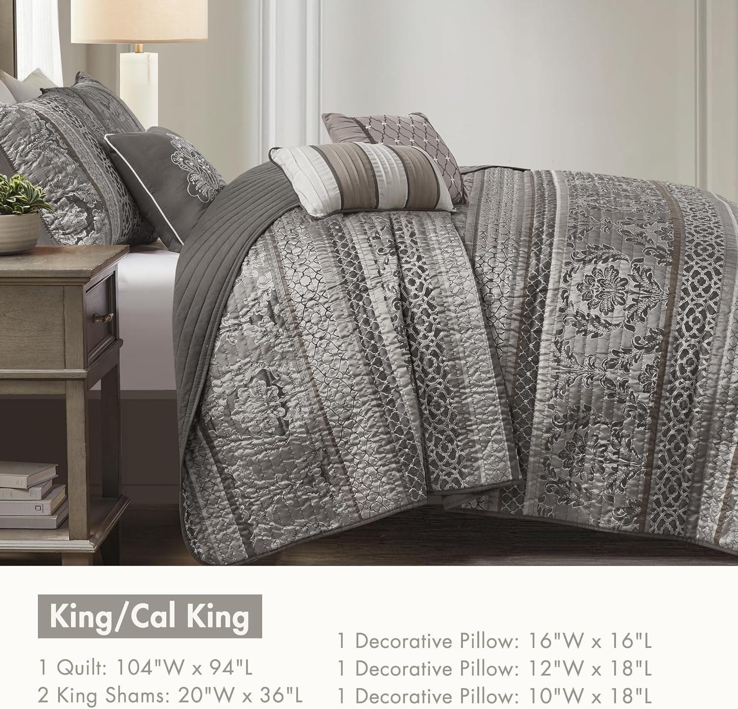 imageMadison Park Quilt Traditional Damask Design All Season Lightweight Coverlet Bedspread Bedding Set Matching Shams Pillows 104quotx94quot Bellagio Jacquard Grey 6 PieceGrey