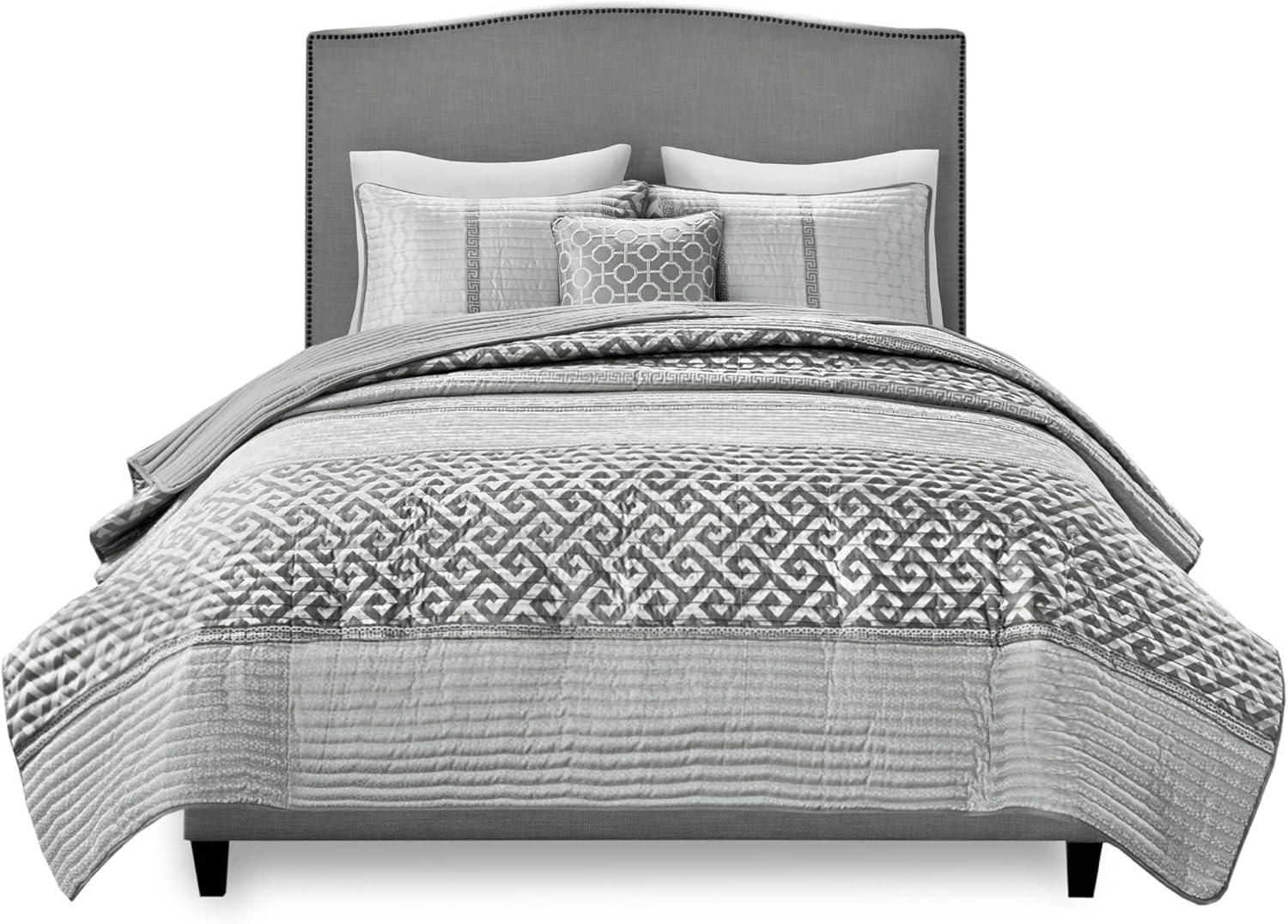 imageMadison Park Quilt Traditional Damask Design All Season Lightweight Coverlet Bedspread Bedding Set Matching Shams Pillows 104quotx94quot Bellagio Jacquard Grey 6 PieceGeometric Grey