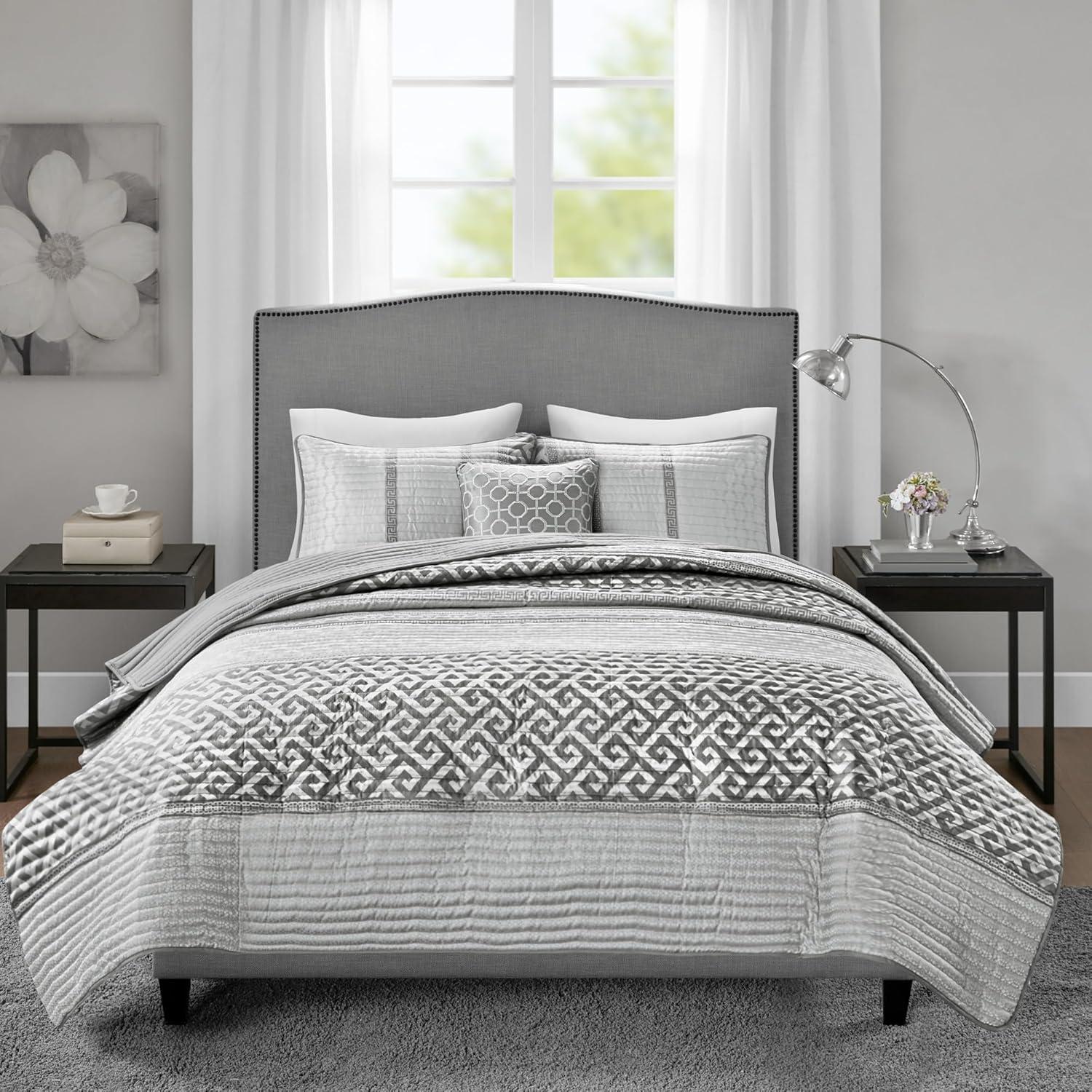 imageMadison Park Quilt Traditional Damask Design All Season Lightweight Coverlet Bedspread Bedding Set Matching Shams Pillows 104quotx94quot Bellagio Jacquard Grey 6 PieceGeometric Grey