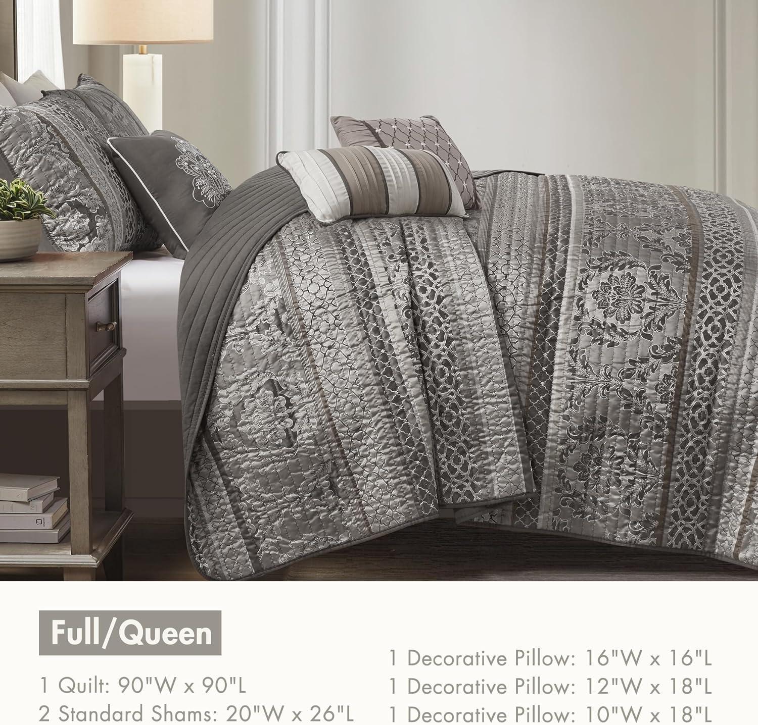imageMadison Park Quilt Traditional Damask Design All Season Lightweight Coverlet Bedspread Bedding Set Matching Shams Pillows 104quotx94quot Bellagio Jacquard Grey 6 PieceGrey