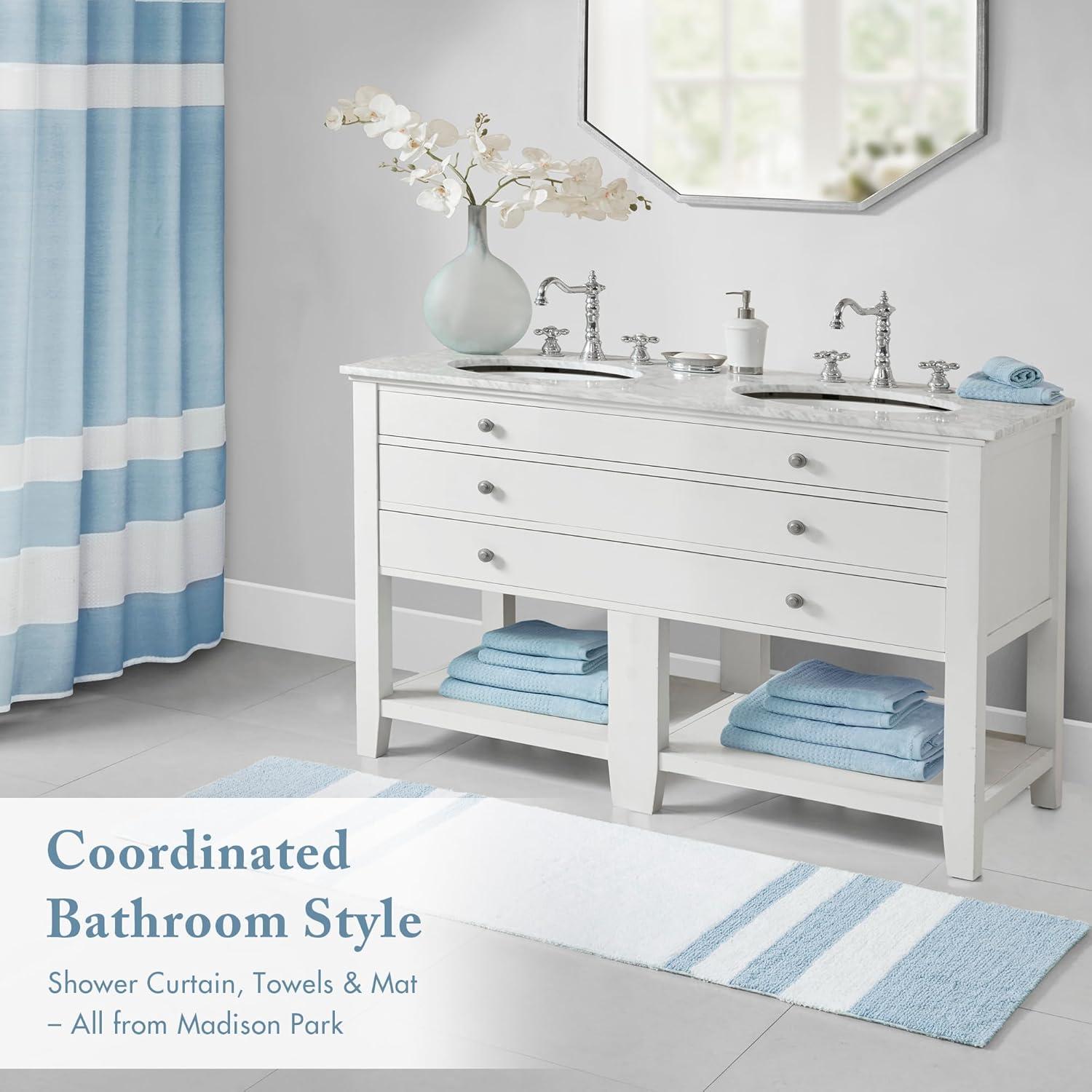 imageMadison Park Reversible Spa Rug 100Cotton Striped Ultra Soft Water Fast Bath NonSlip Absorbent Quick Dry Mats for Tub Shower Room and Bathroom 20x30 Taupe Pack of 1Blue