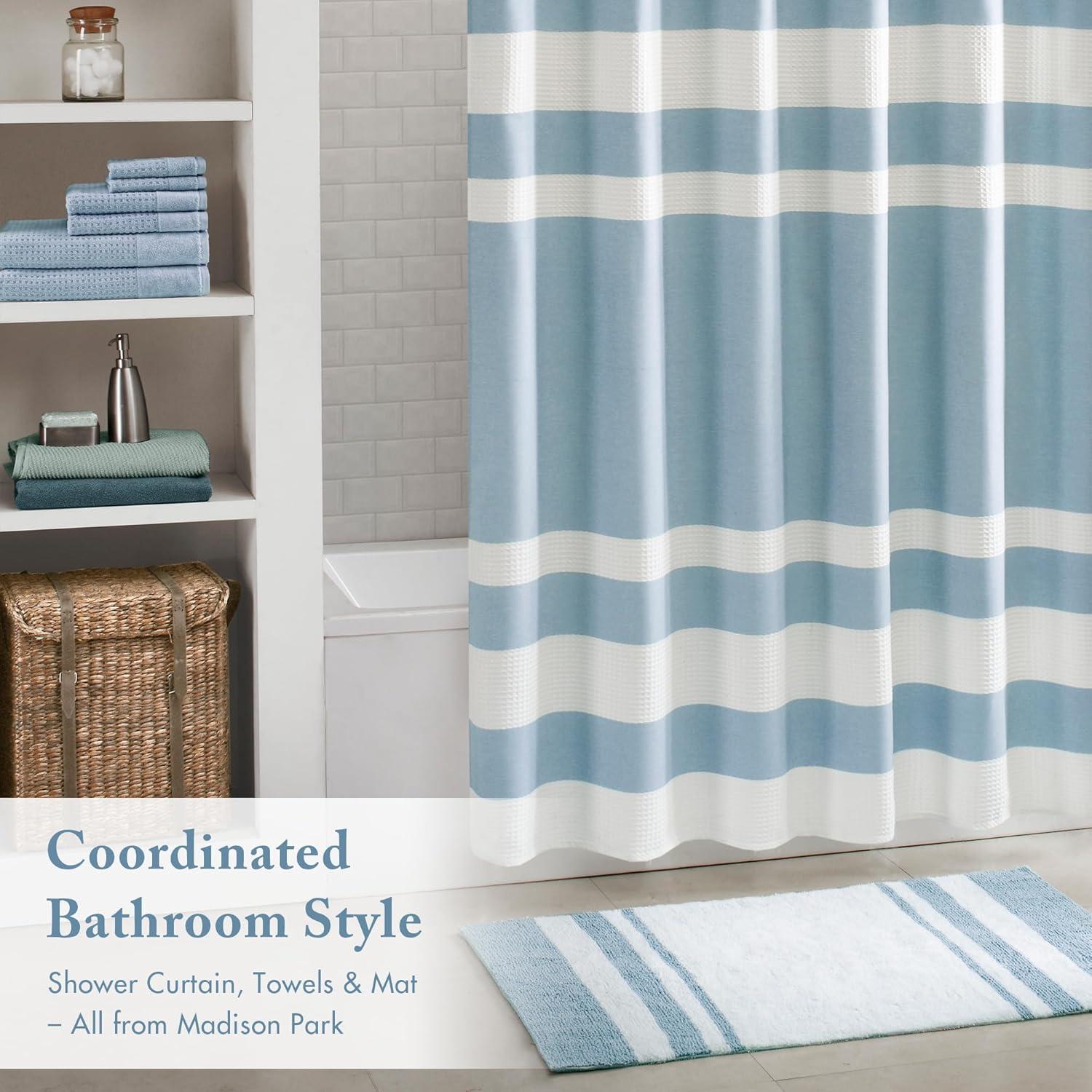 imageMadison Park Reversible Spa Rug 100Cotton Striped Ultra Soft Water Fast Bath NonSlip Absorbent Quick Dry Mats for Tub Shower Room and Bathroom 20x30 Taupe Pack of 1Blue