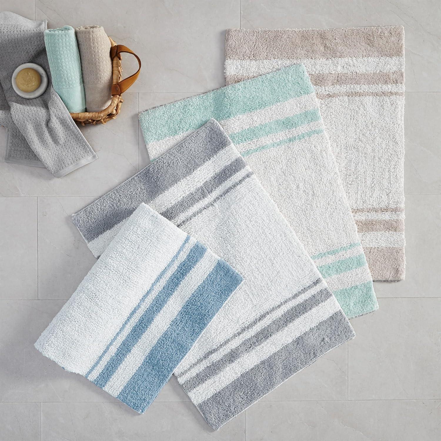 imageMadison Park Reversible Spa Rug 100Cotton Striped Ultra Soft Water Fast Bath NonSlip Absorbent Quick Dry Mats for Tub Shower Room and Bathroom 20x30 Taupe Pack of 1Blue