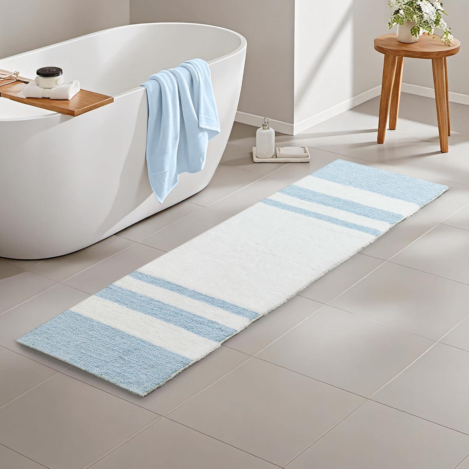 imageMadison Park Reversible Spa Rug 100Cotton Striped Ultra Soft Water Fast Bath NonSlip Absorbent Quick Dry Mats for Tub Shower Room and Bathroom 20x30 Taupe Pack of 1Blue