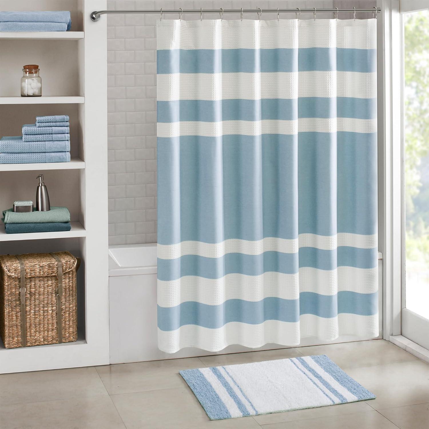 imageMadison Park Reversible Spa Rug 100Cotton Striped Ultra Soft Water Fast Bath NonSlip Absorbent Quick Dry Mats for Tub Shower Room and Bathroom 20x30 Taupe Pack of 1Blue