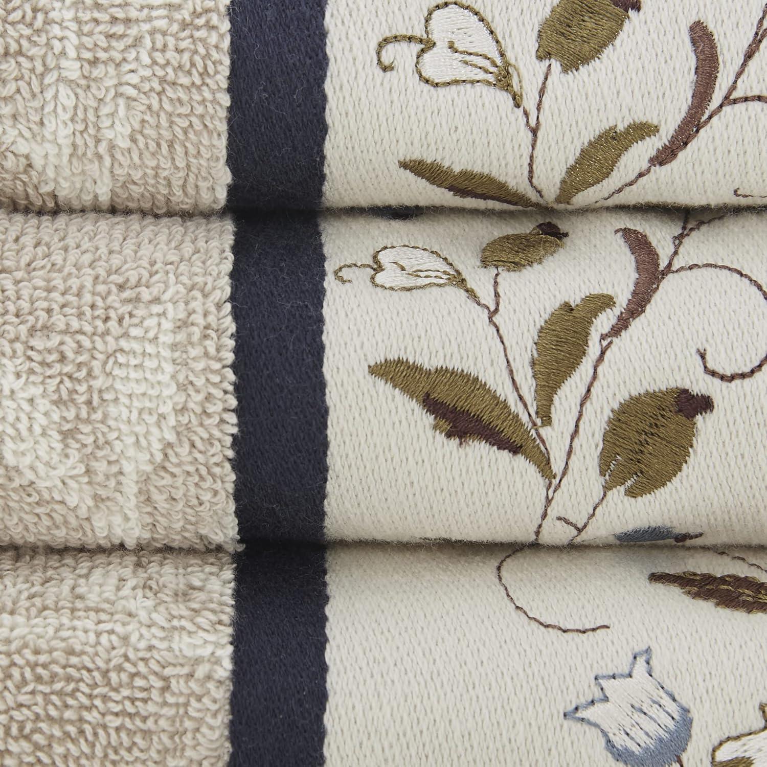 imageMadison Park Serene 100 Cotton Bath Towel Set Luxurious Floral Decorative Towels for Bathroom Embroidered Cotton Jacquard Design Soft Highly Absorbent for Shower 600 GSM MultiSizes Green 6 PieceNavy